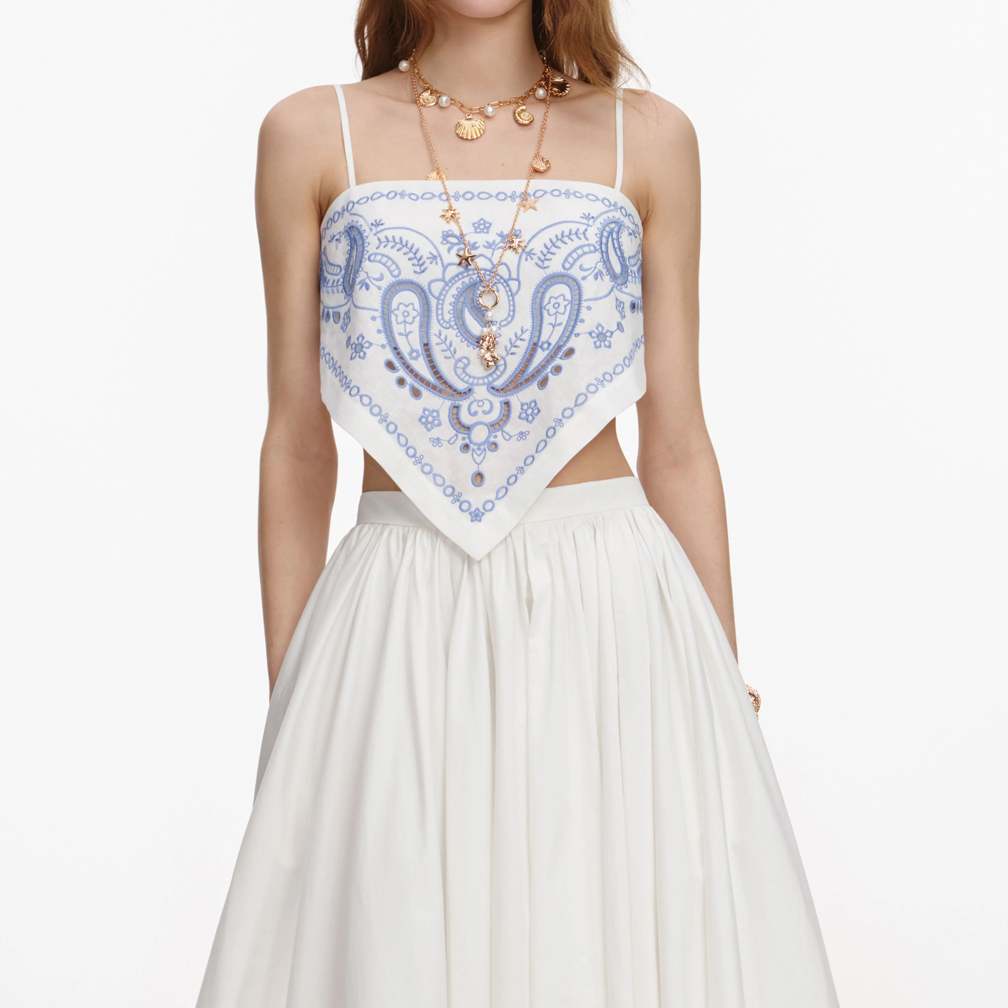 White And Blue Embroidered Linen Top - Image 4