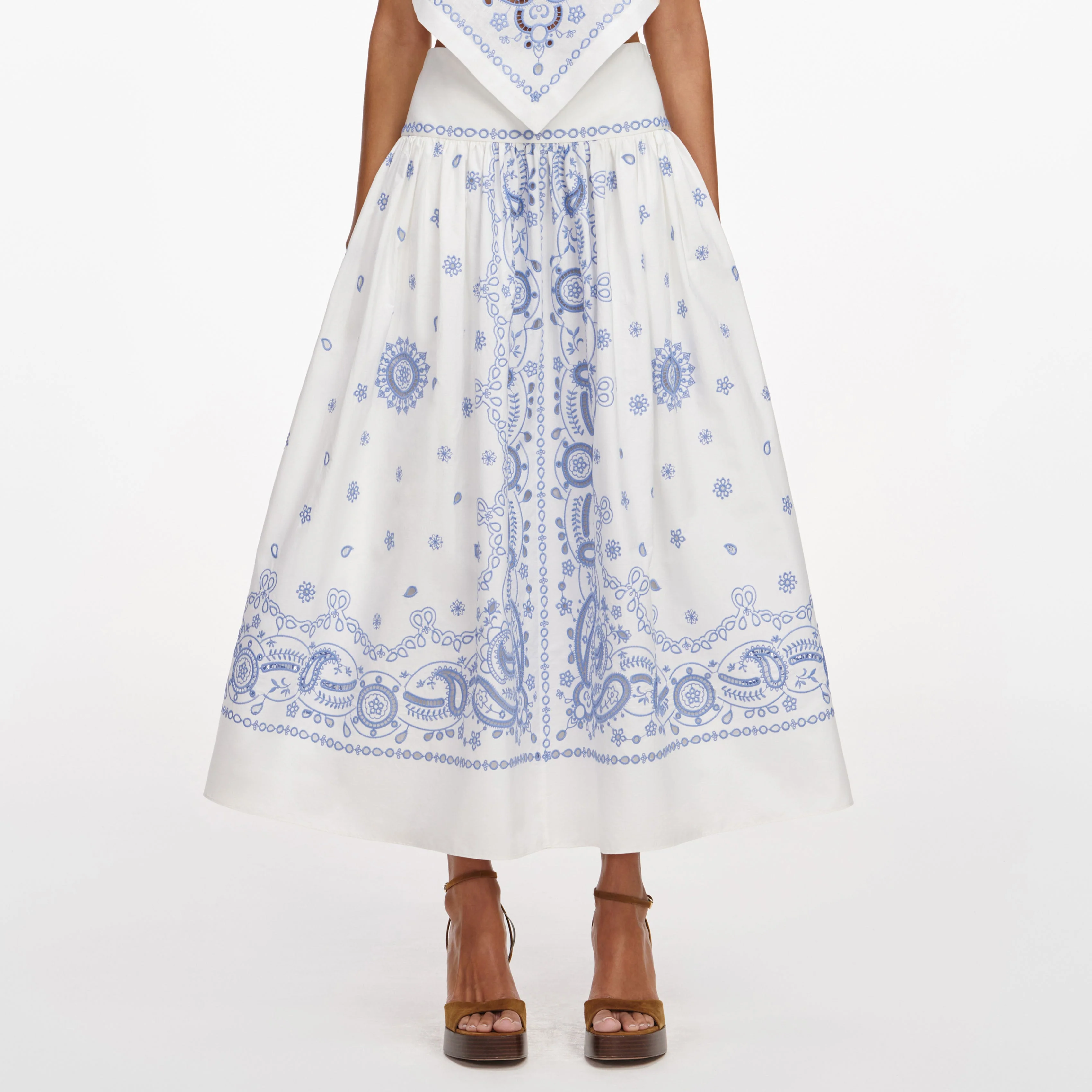 White And Blue Embroidered Midi Skirt - Image 4