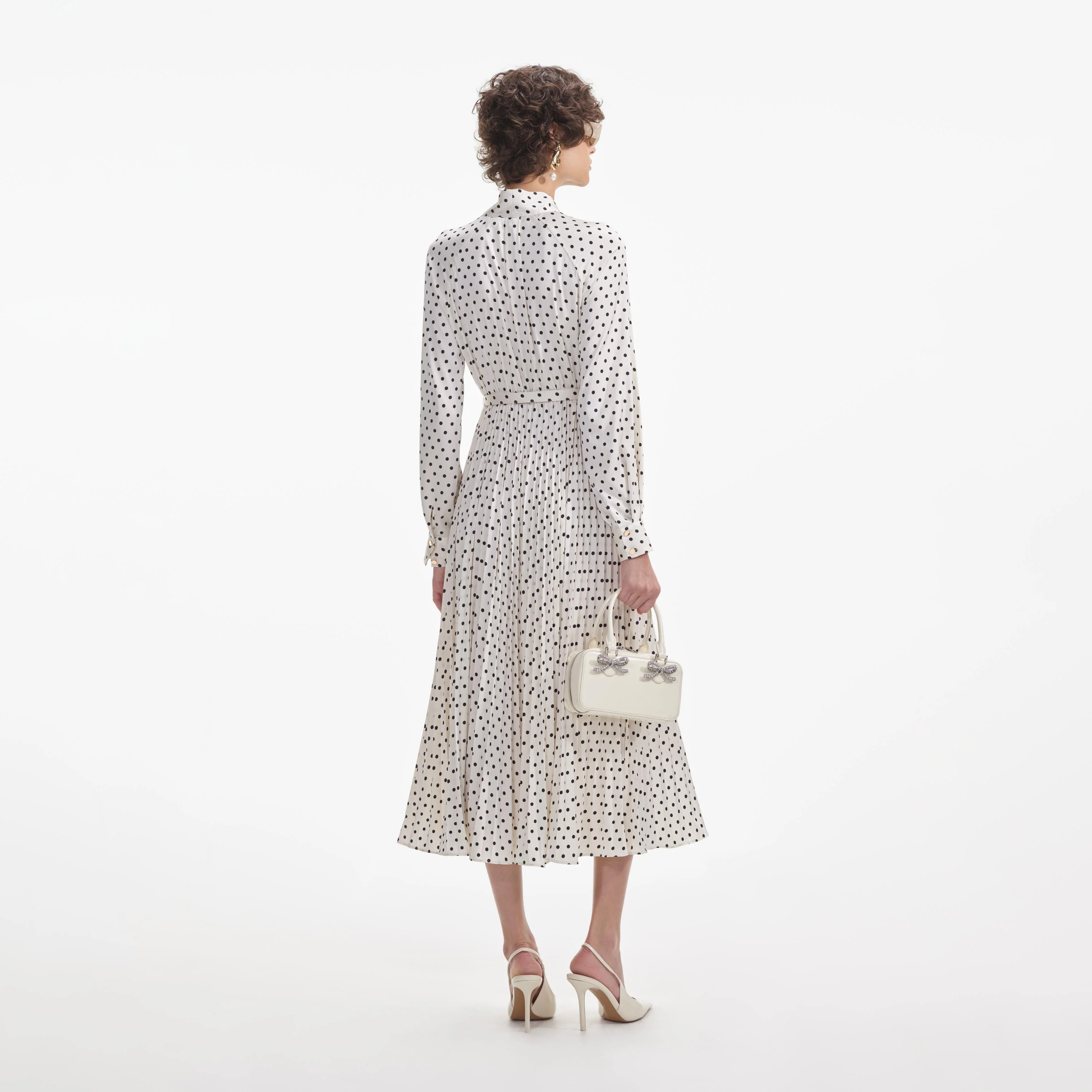 Cream Polka Dot Satin Midi Dress - Image 3