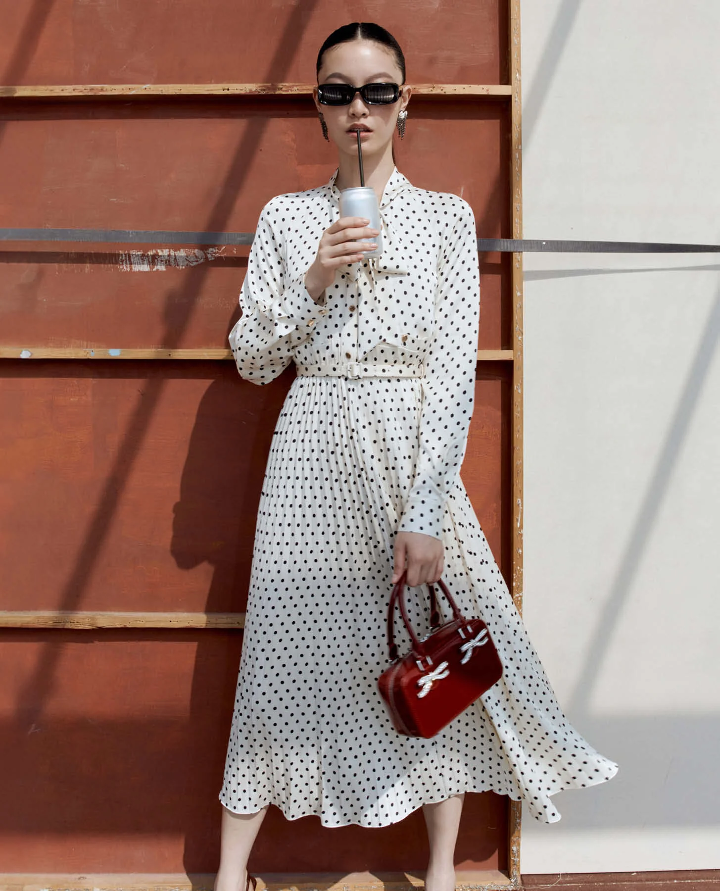 Cream Polka Dot Satin Midi Dress - Image 6