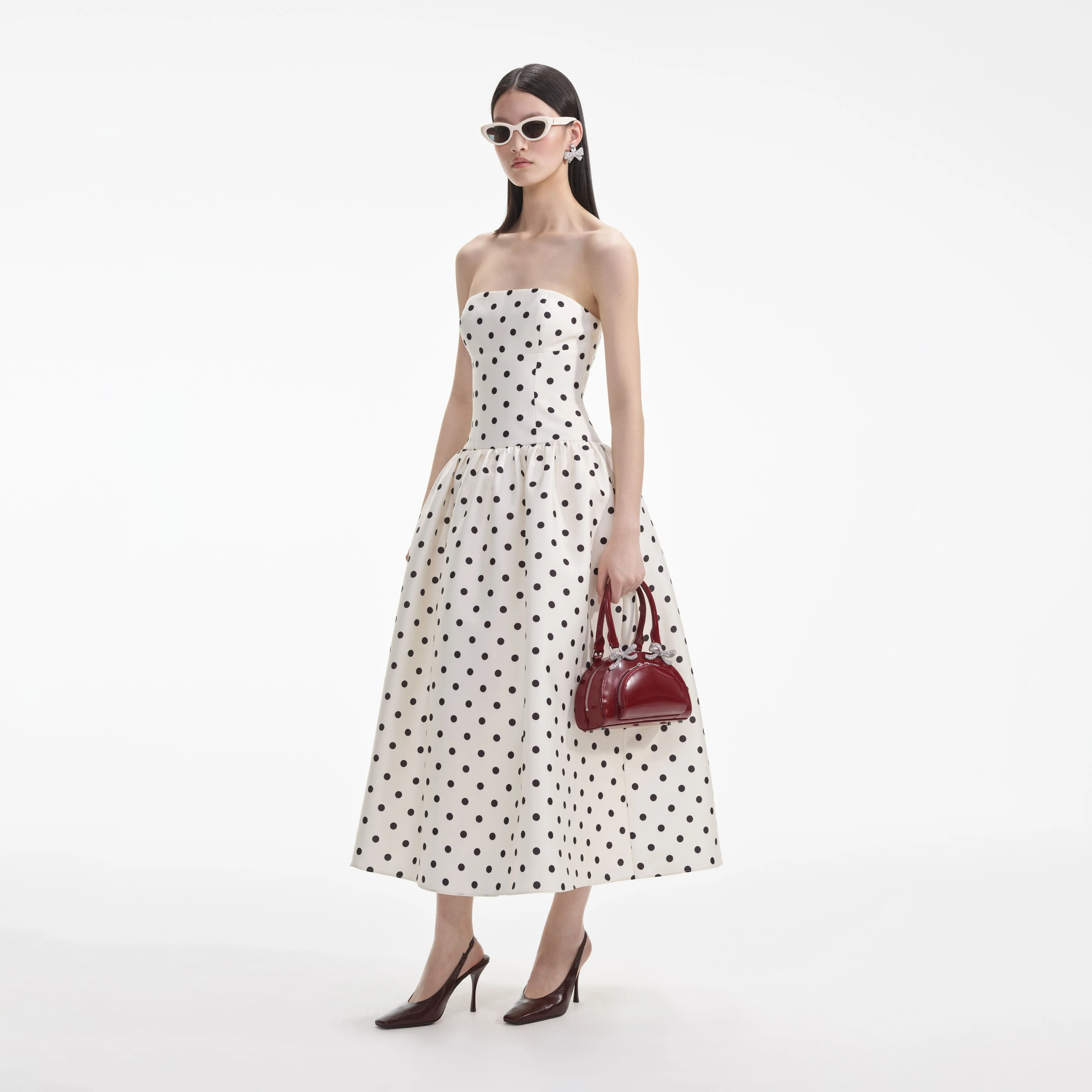 Cream Polka Dot Taffeta Midi Dress - Image 3