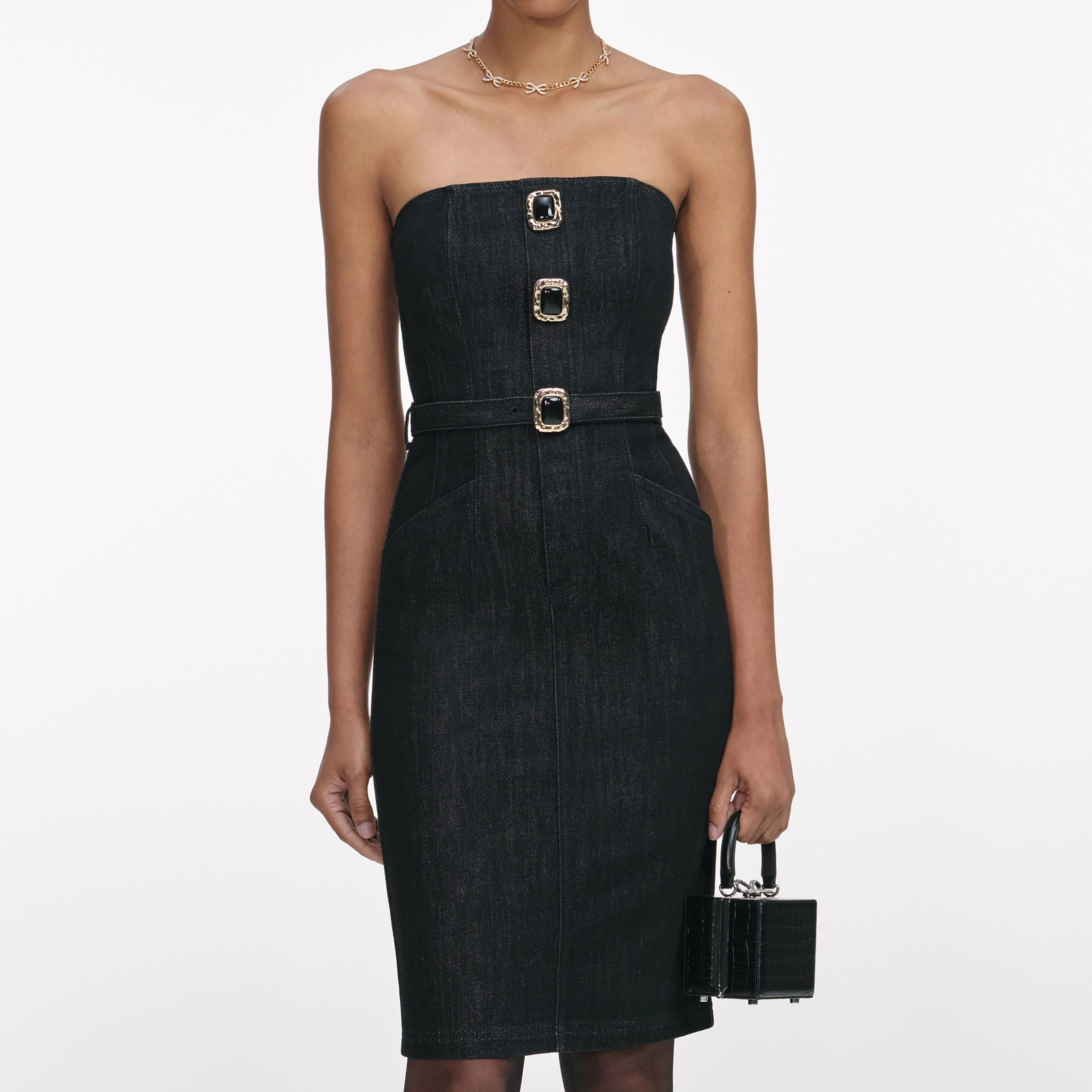 Black Denim Bandeau Midi Dress - Image 4
