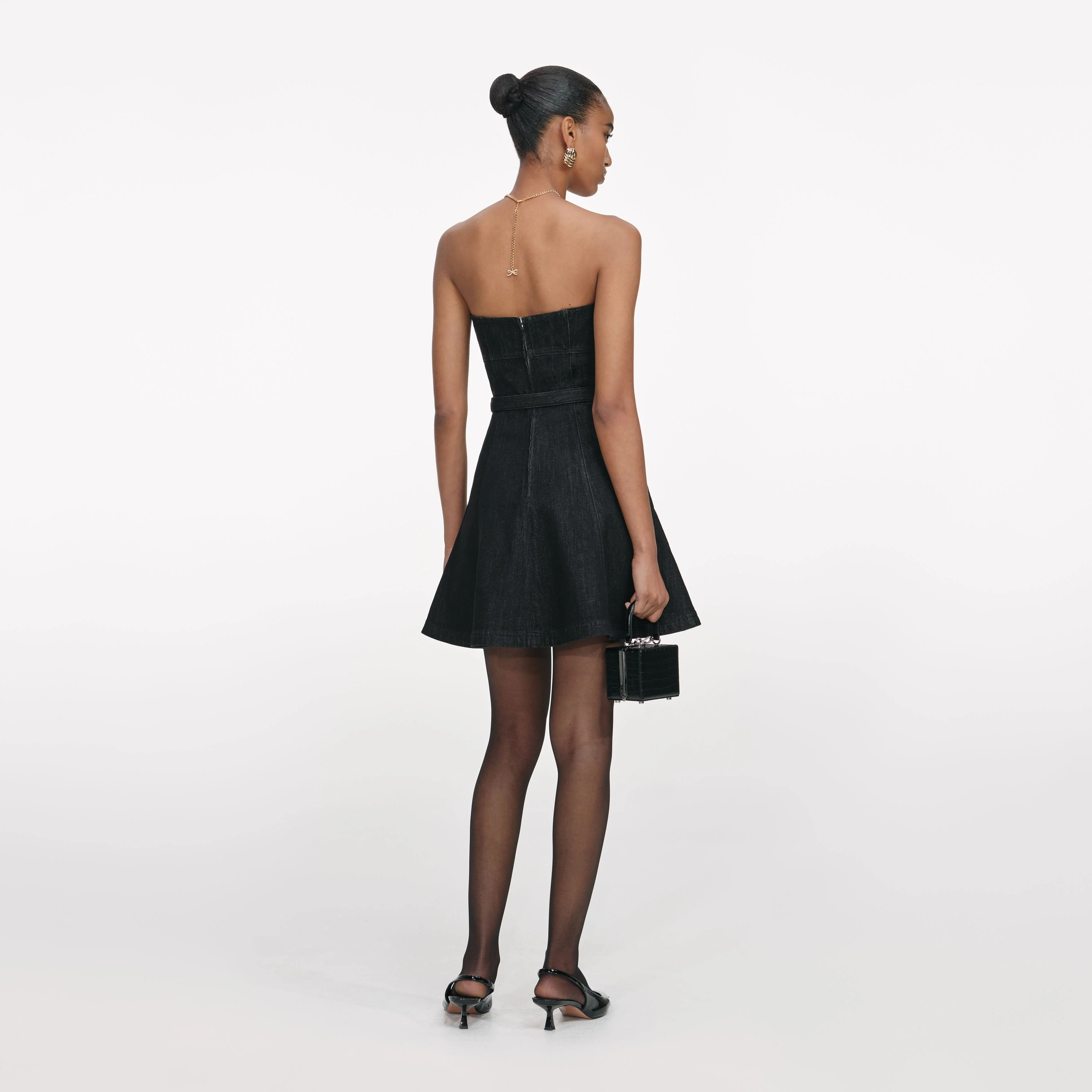 Black Denim Bandeau Mini Dress - Image 3