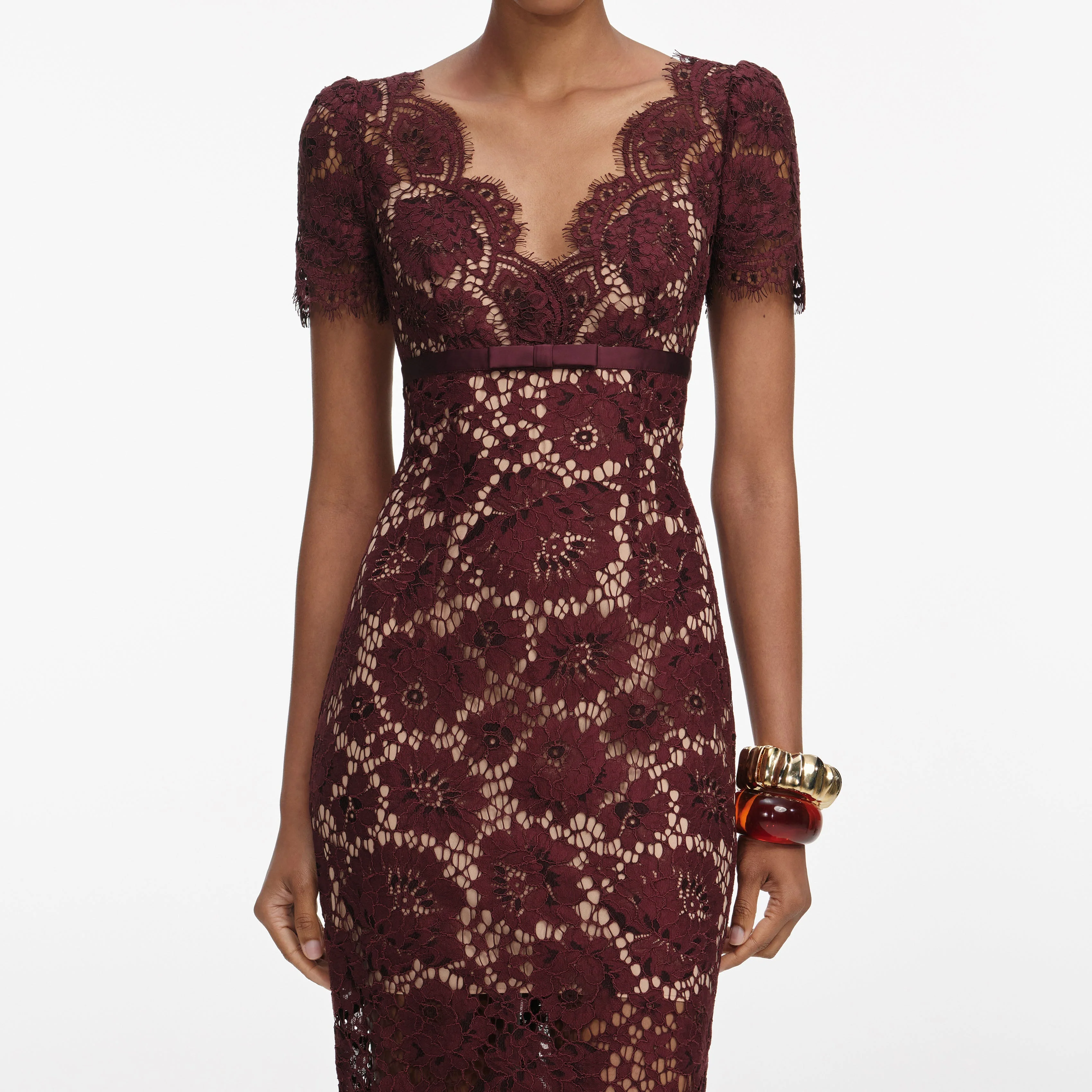 Burgundy Floral Lace Midi Dress - Image 4