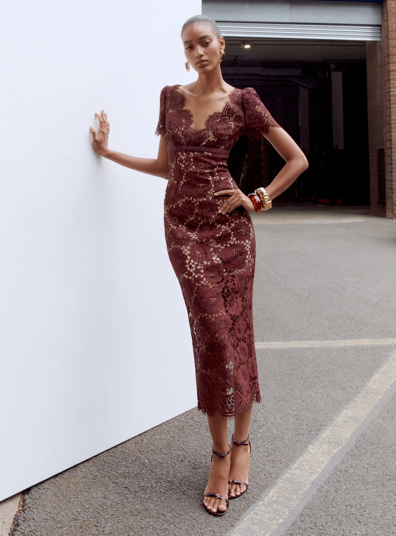 Burgundy Floral Lace Midi Dress - Image 6