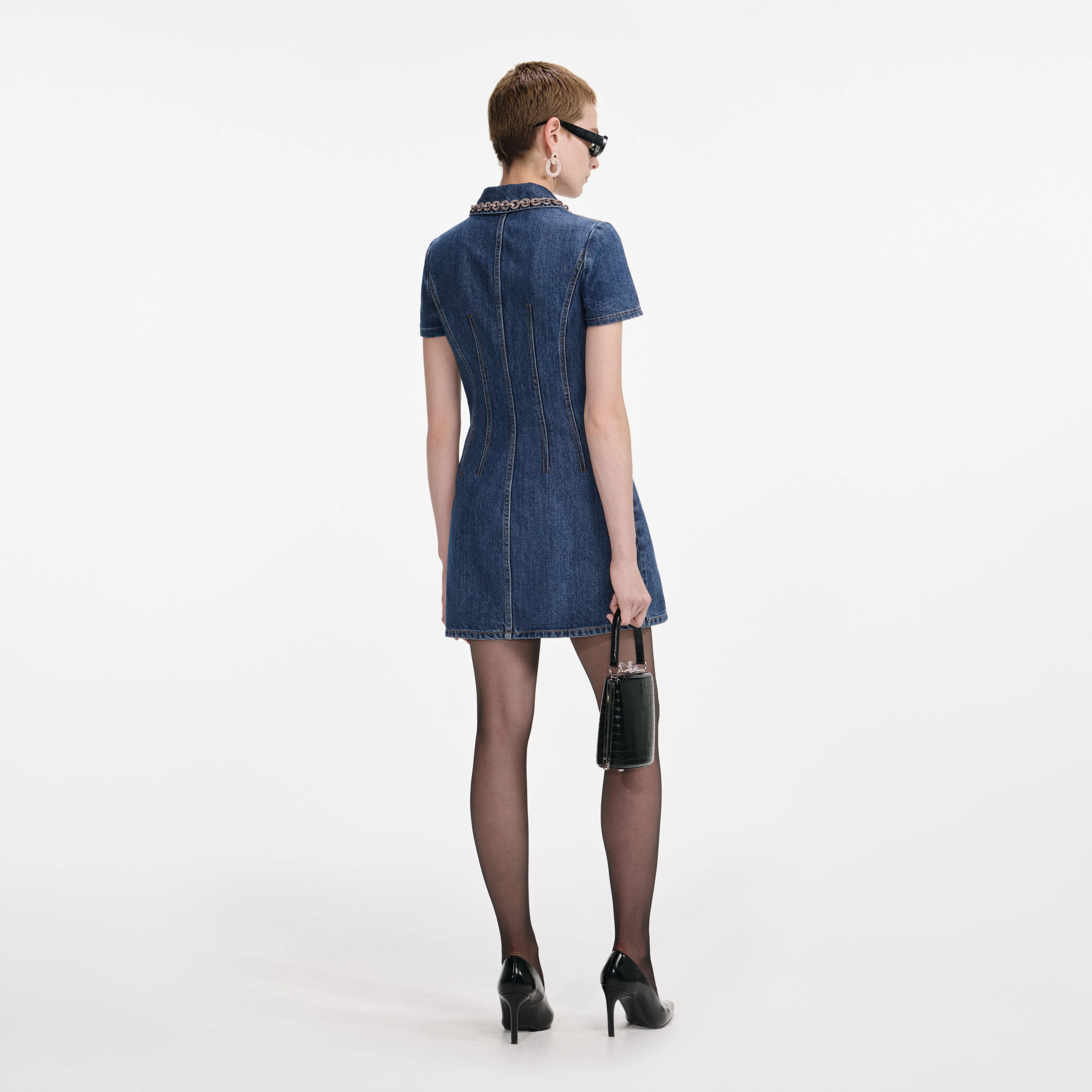 Denim Crystal Trim Collared Mini Dress - Image 3