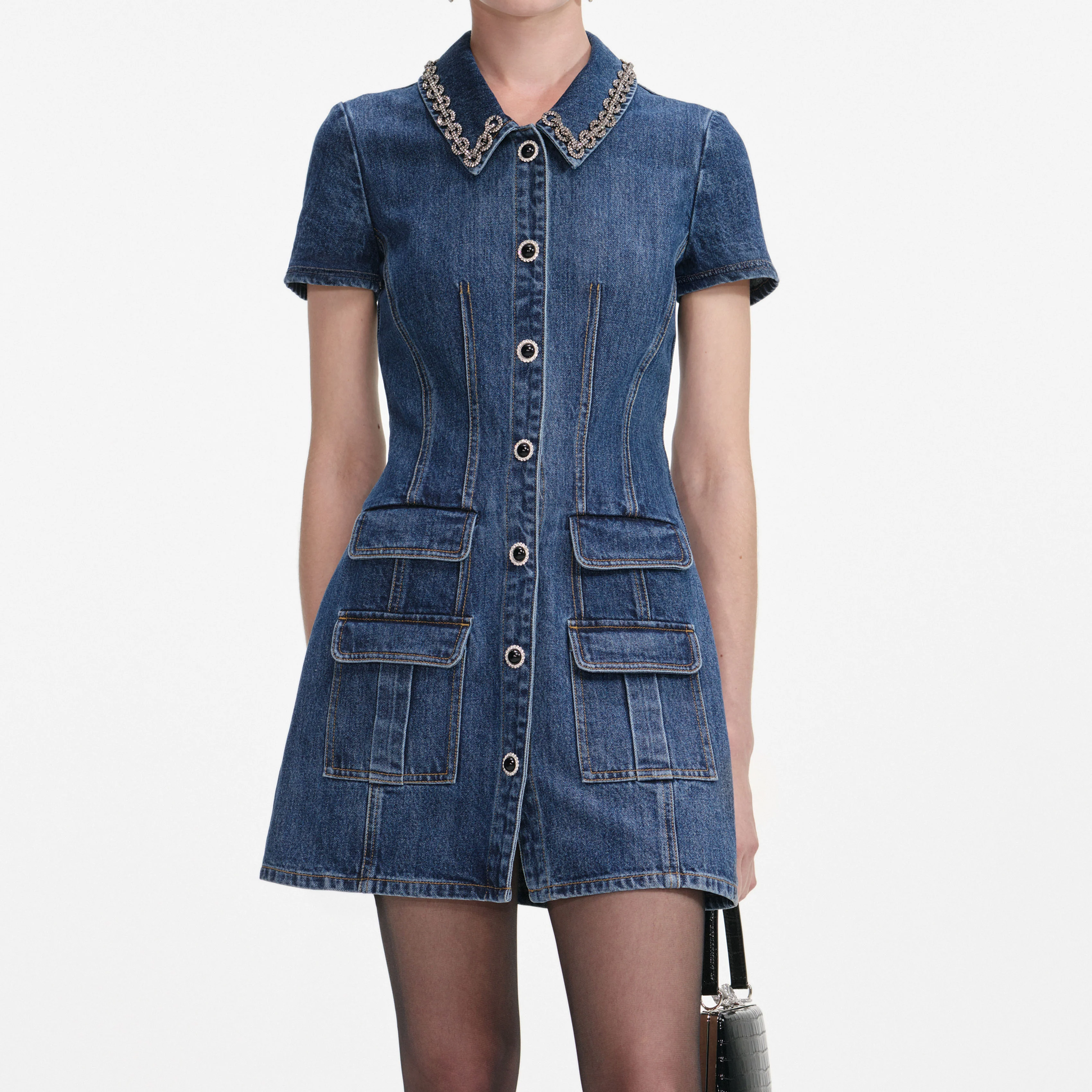 Denim Crystal Trim Collared Mini Dress - Image 4