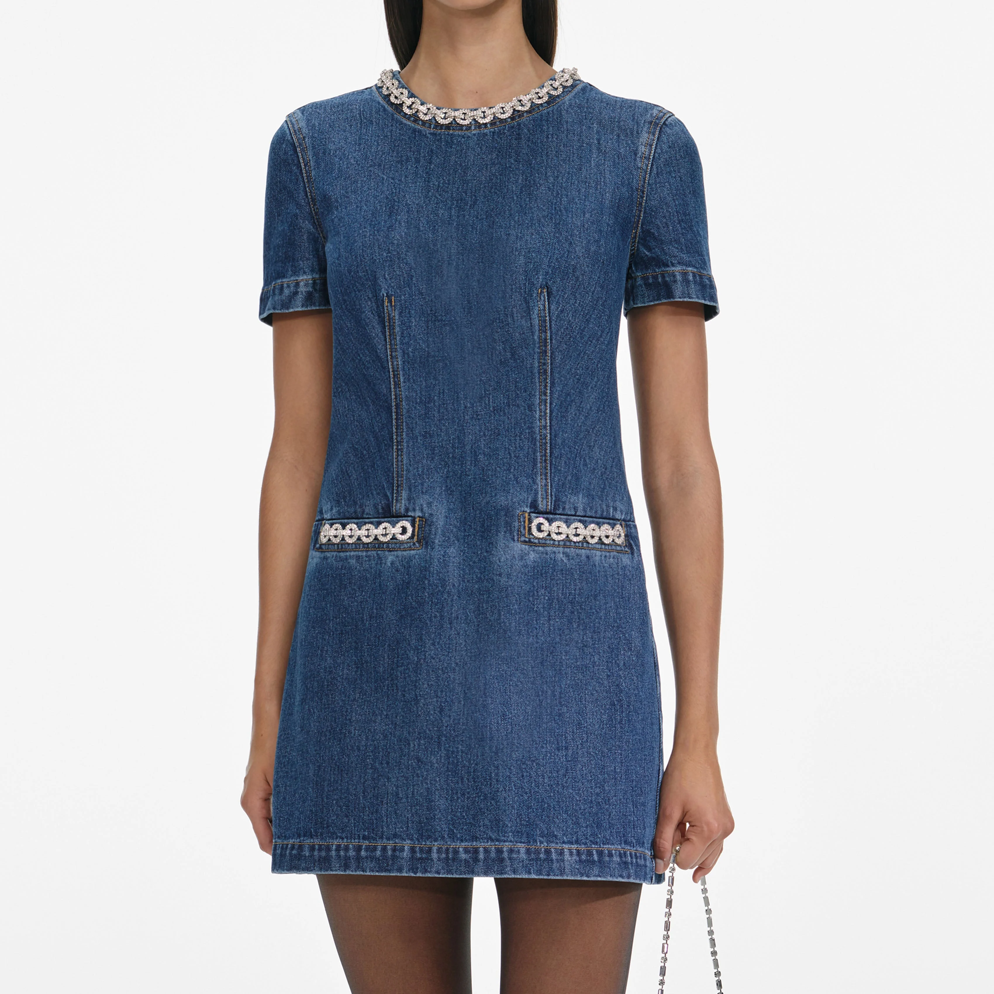 Denim Crystal Trim Mini Dress - Image 4