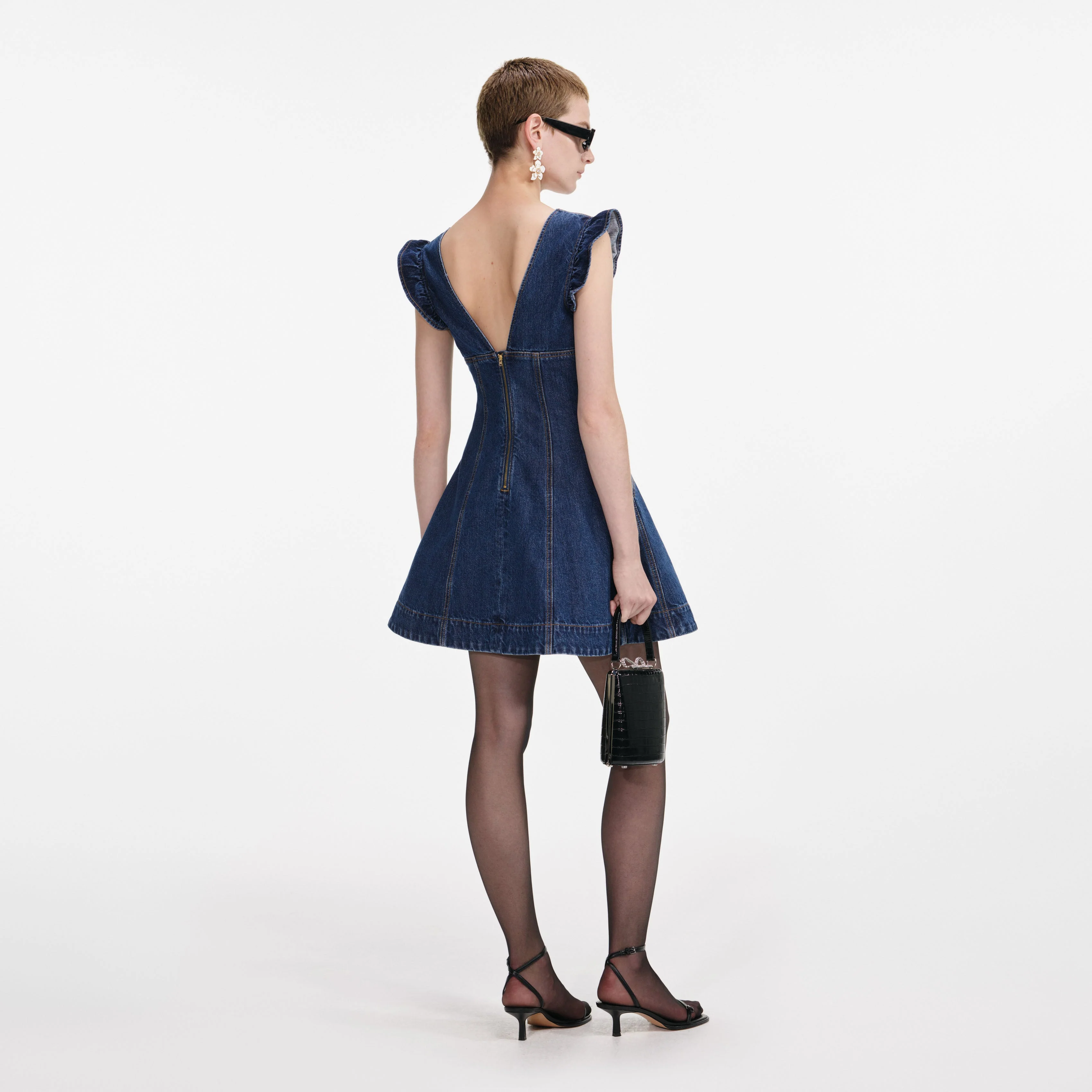 Denim Flared Bow Mini Dress - Image 3