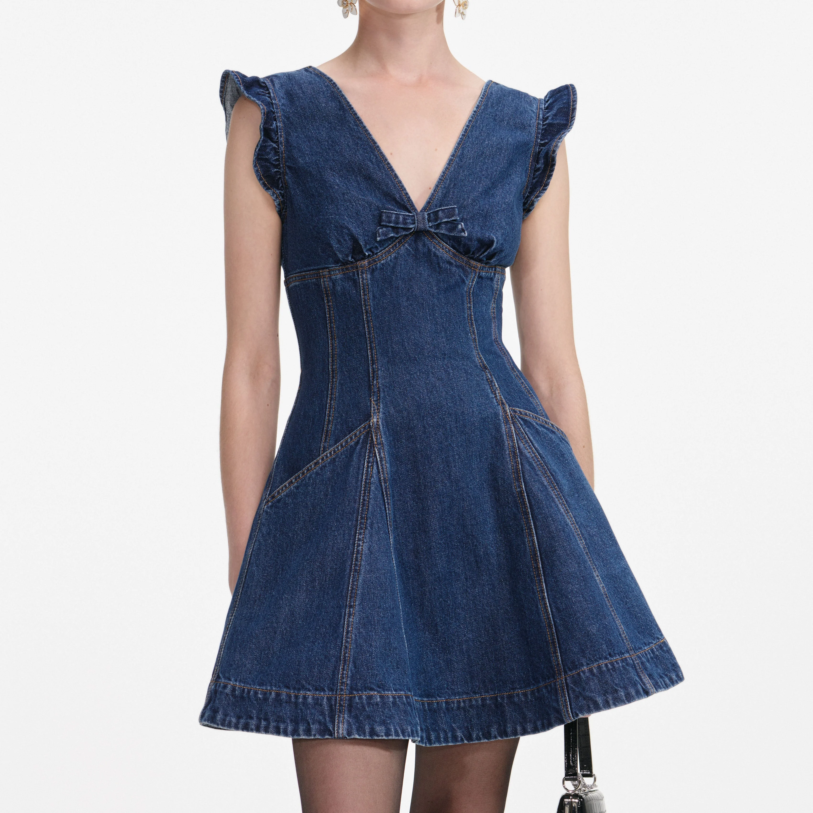 Denim Flared Bow Mini Dress - Image 4