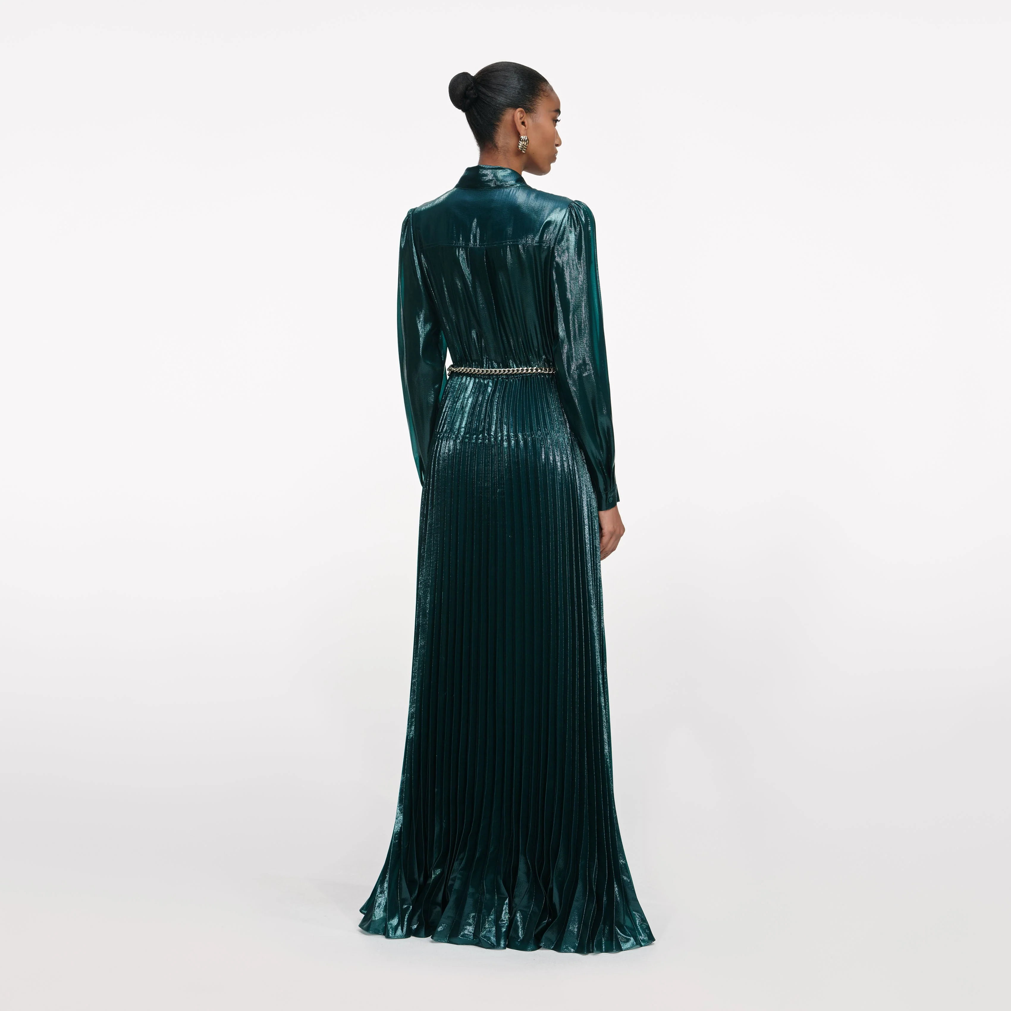 Green Metallic Tie Neck Maxi Dress - Image 3