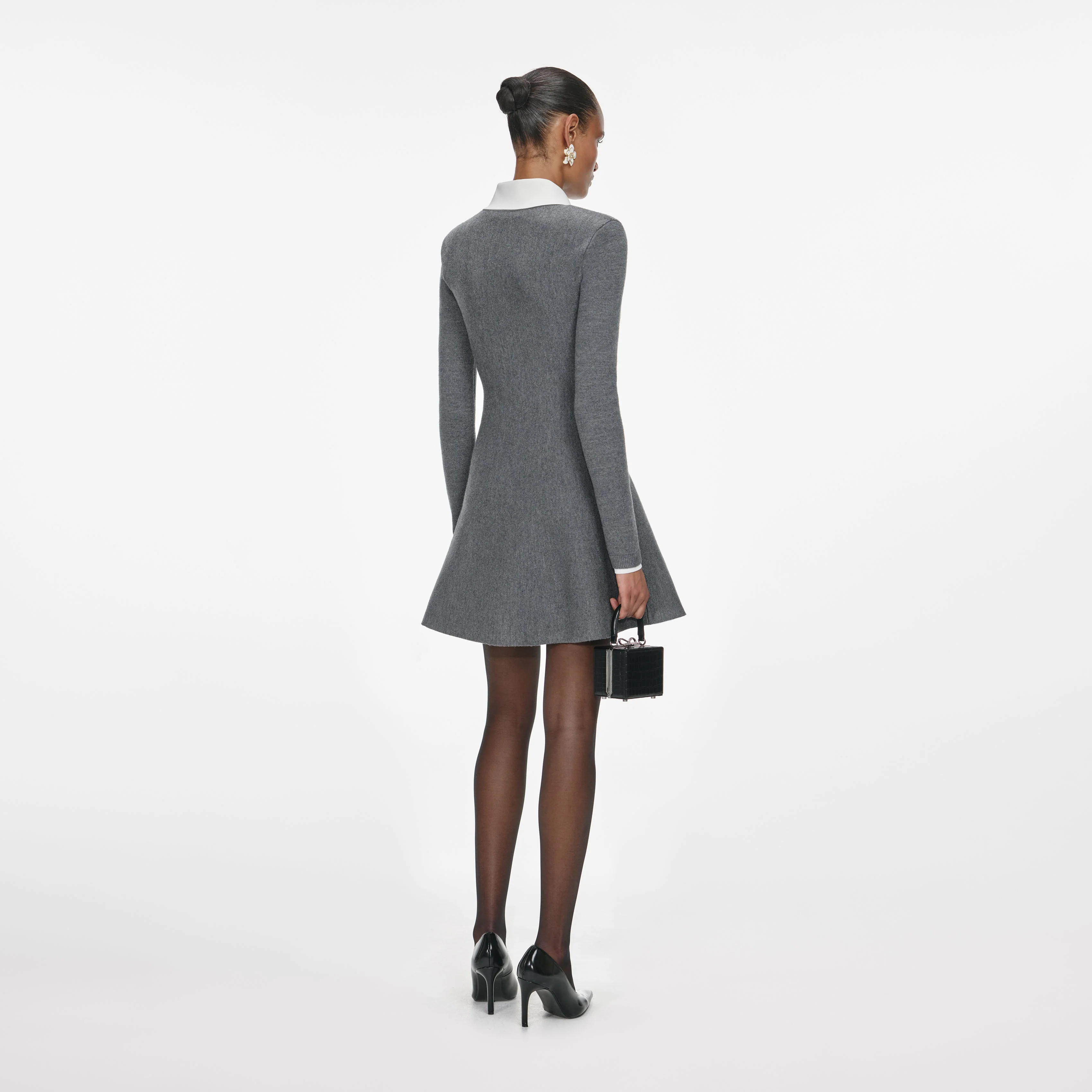 Grey Crochet Flower Collared Knit Mini Dress - Image 3