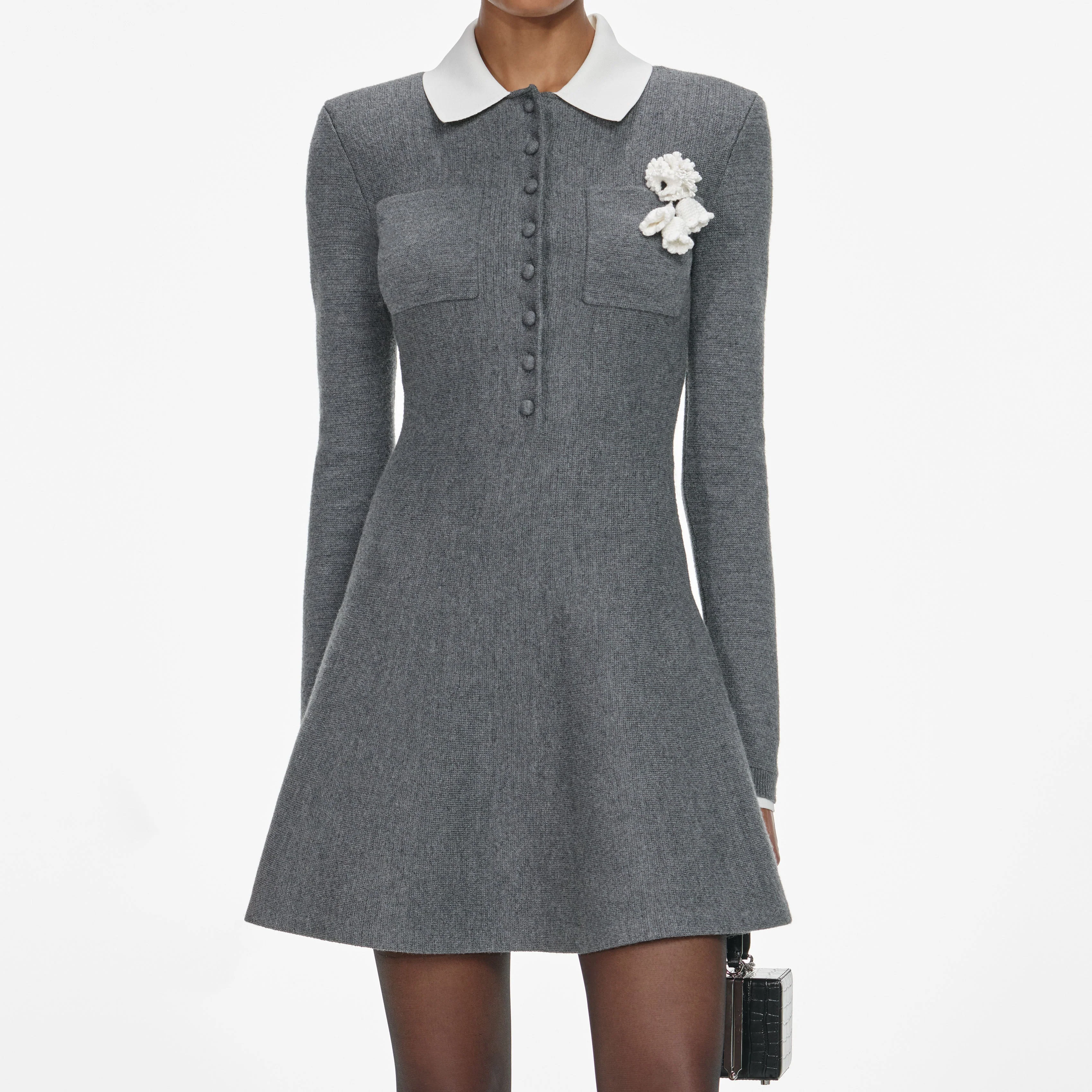 Grey Crochet Flower Collared Knit Mini Dress - Image 4
