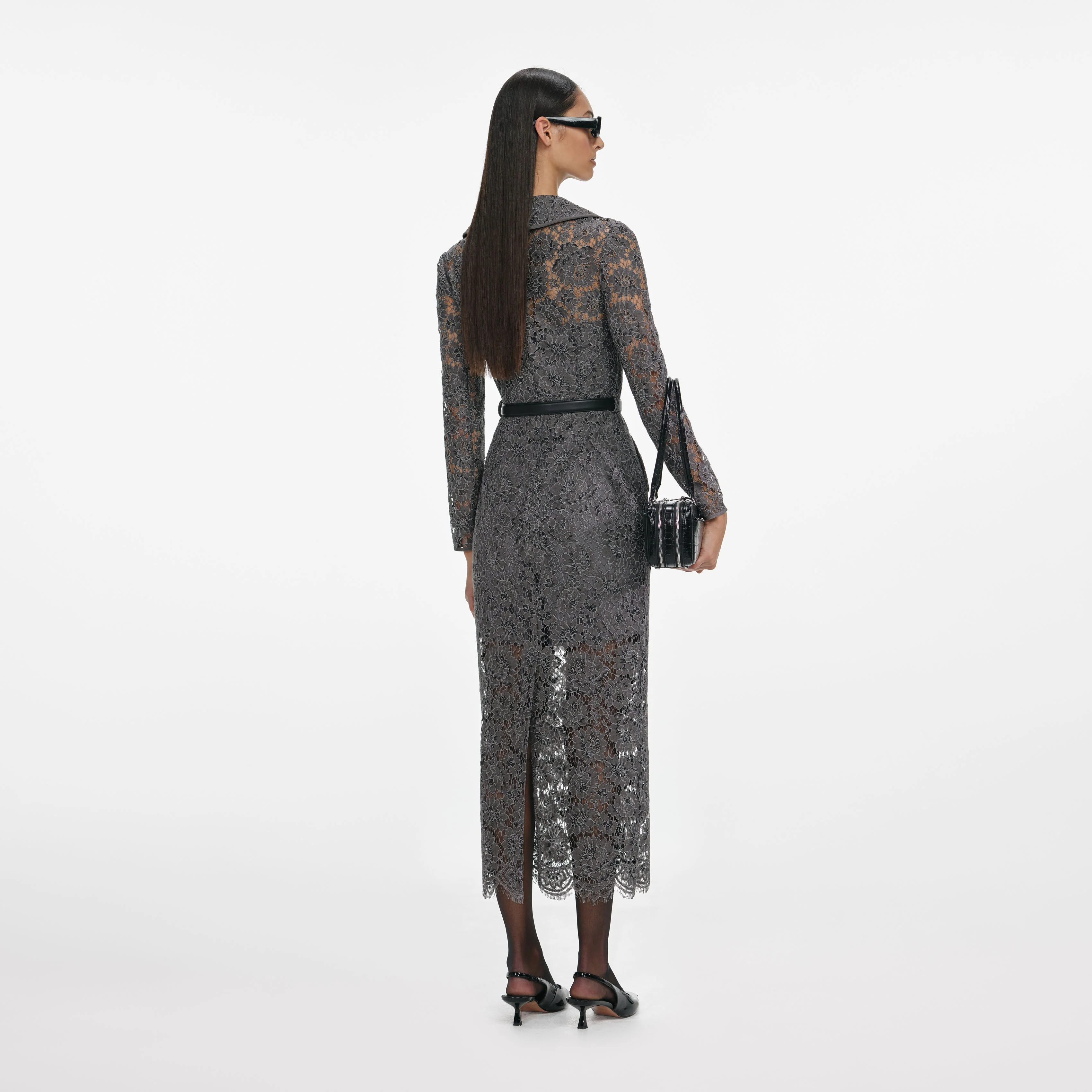 Grey Floral Lace Midi Dress - Image 3