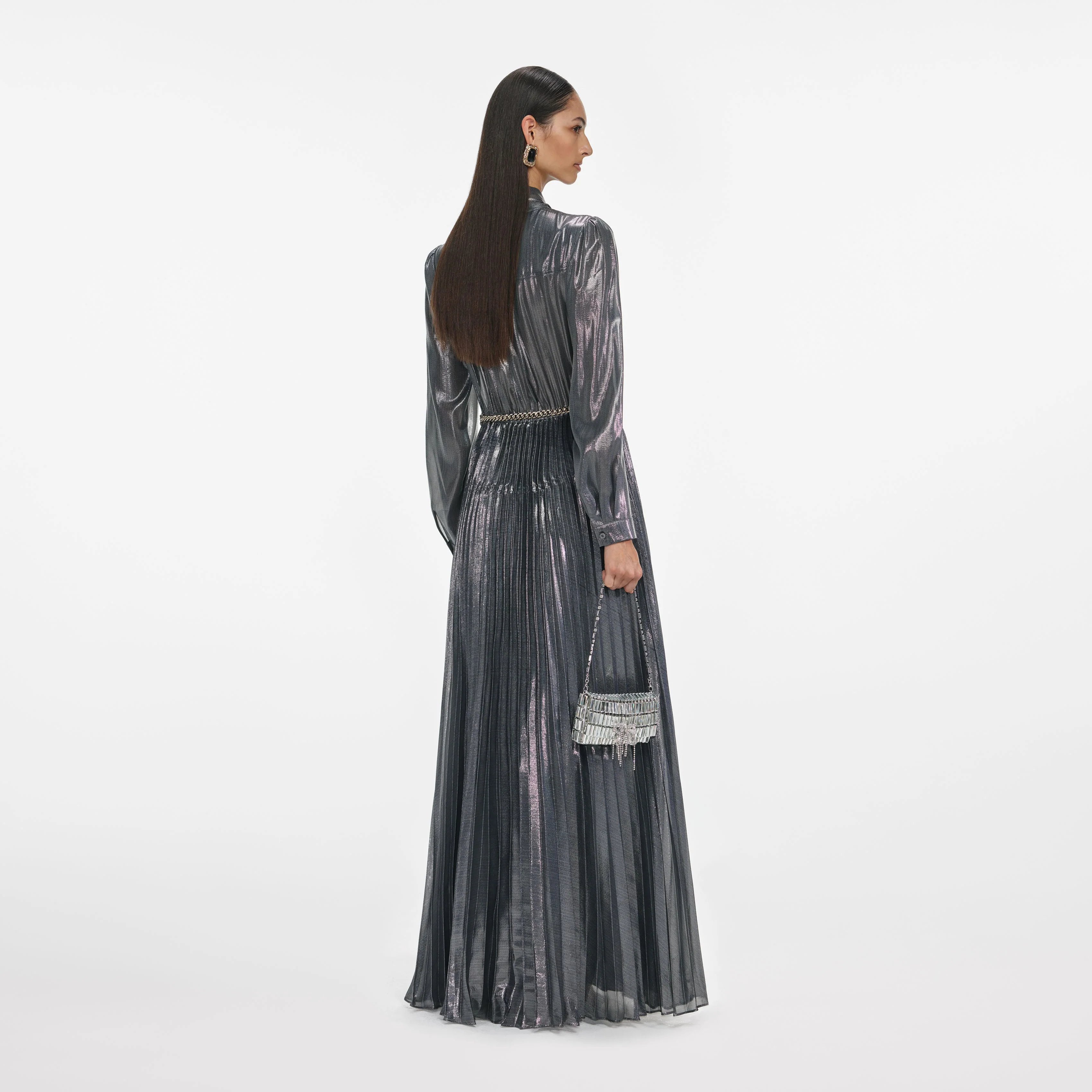 Grey Metallic Tie Neck Maxi Dress - Image 3
