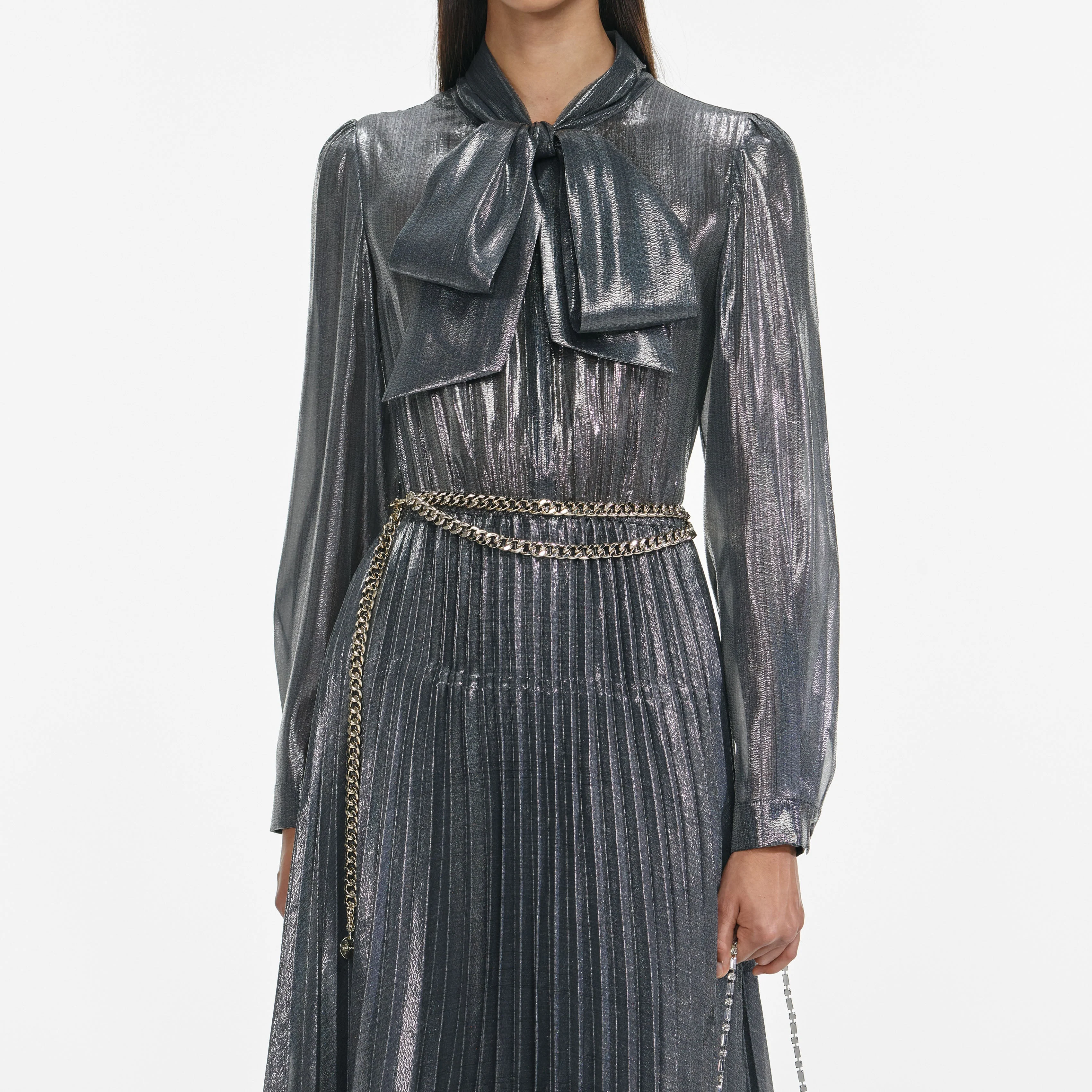 Grey Metallic Tie Neck Maxi Dress - Image 4