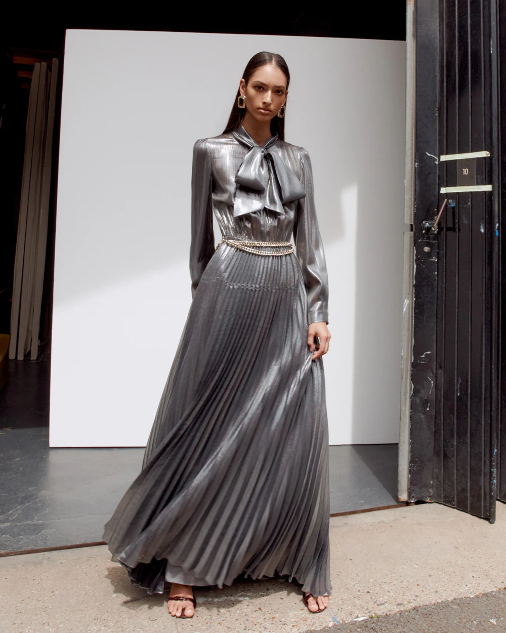 Grey Metallic Tie Neck Maxi Dress - Image 6