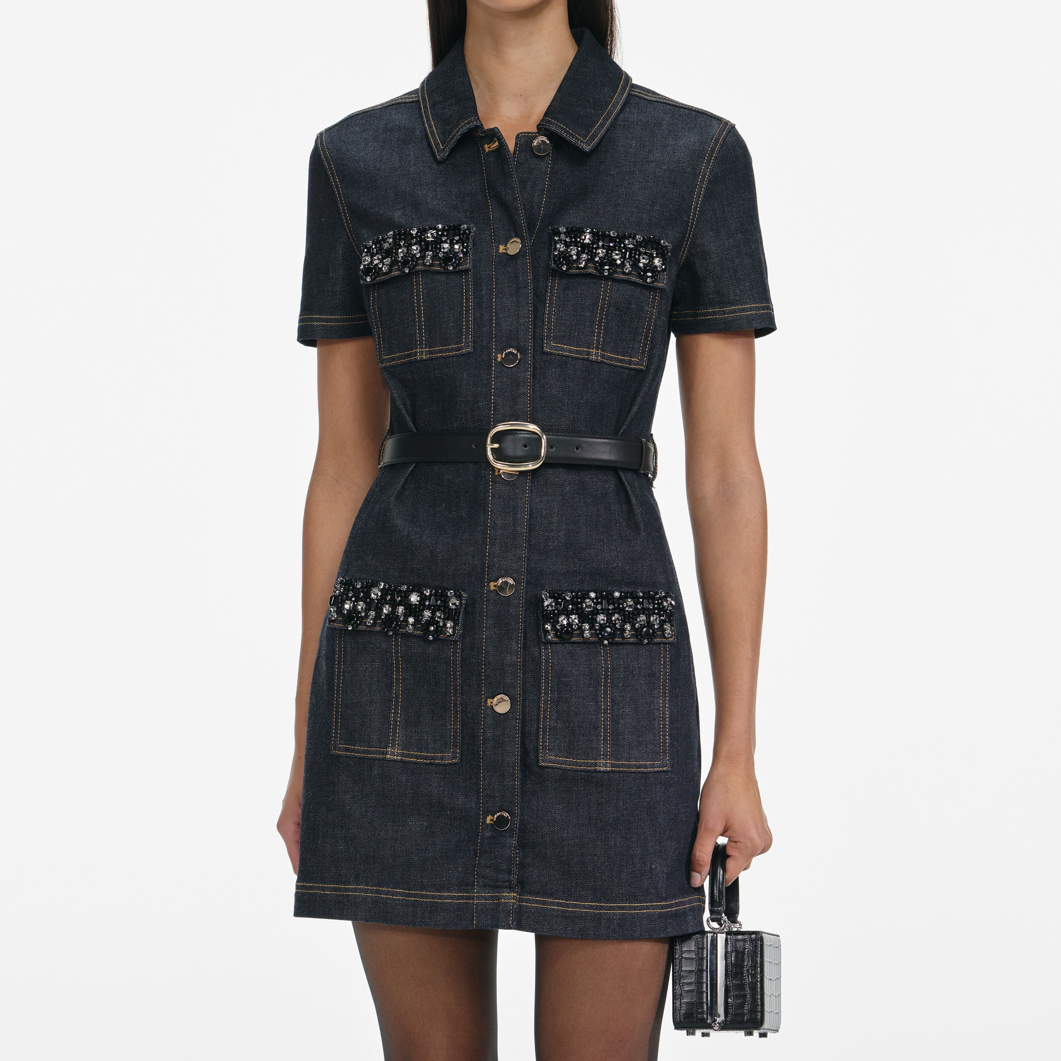 Indigo Denim Crystal Trim Mini Dress - Image 4