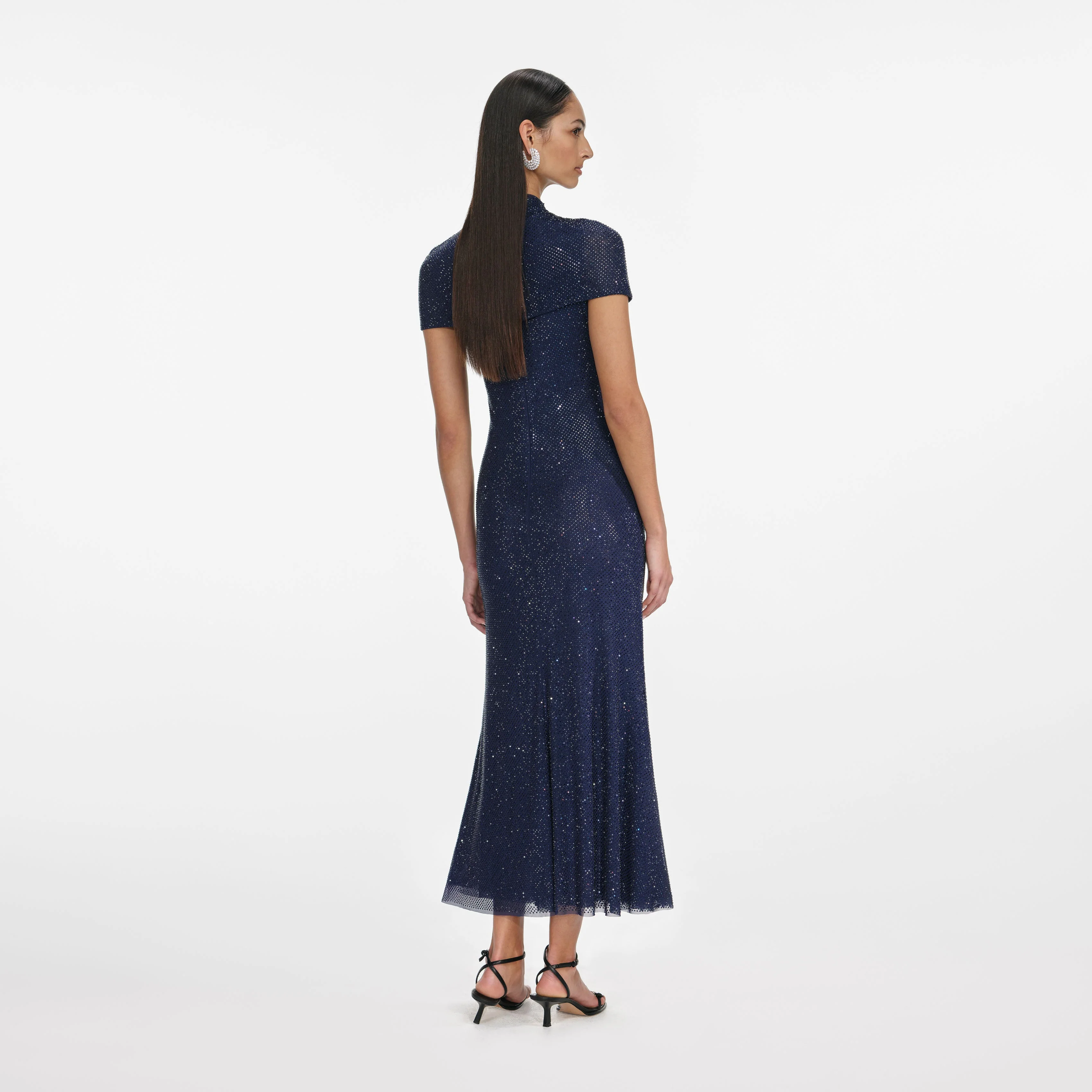 Navy Rhinestone Mesh Cut Out Midi Dress - Image 3