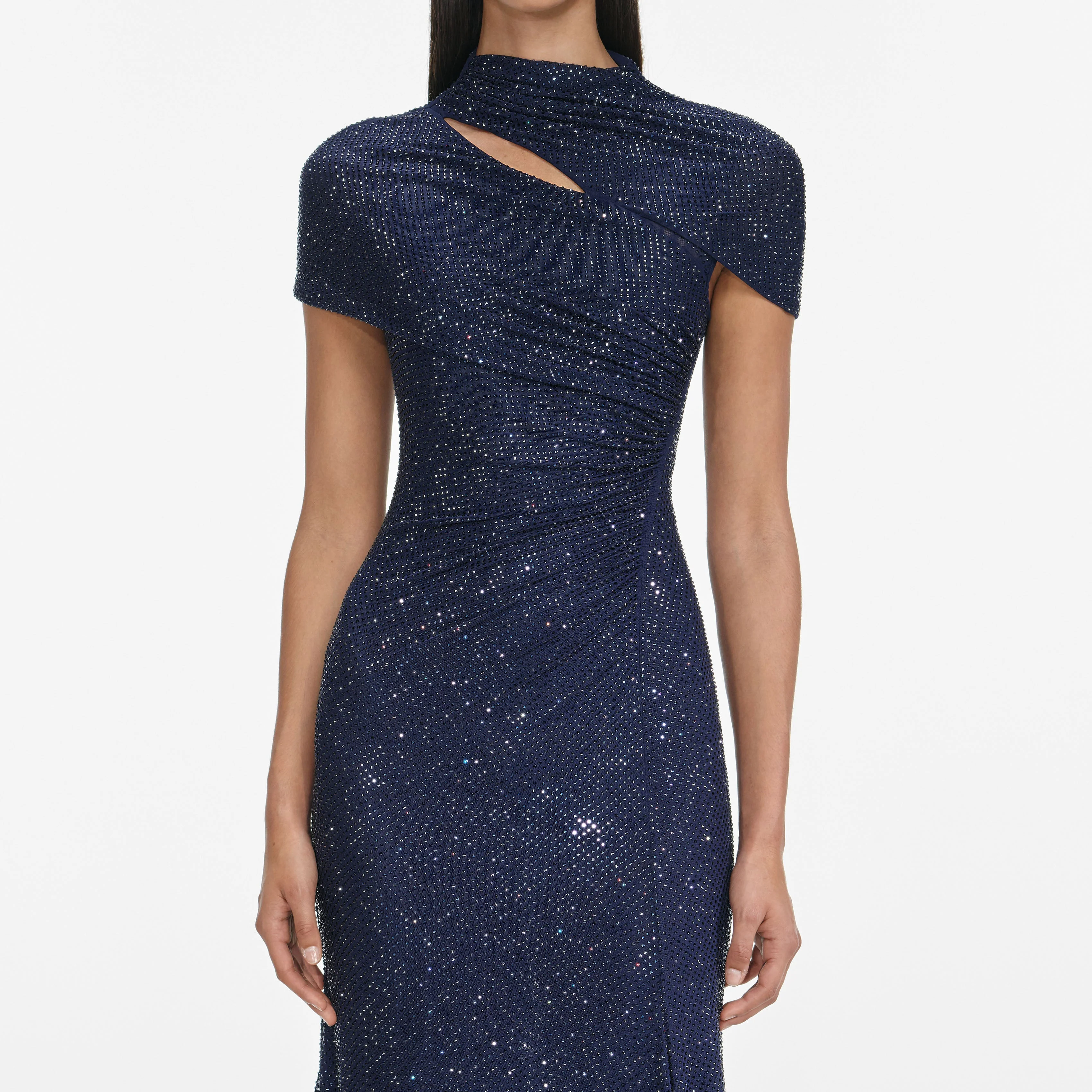Navy Rhinestone Mesh Cut Out Midi Dress - Image 4