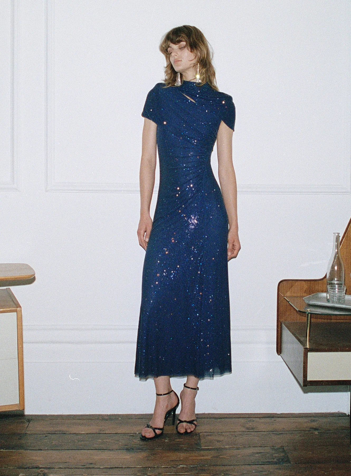 Navy Rhinestone Mesh Cut Out Midi Dress - Image 6