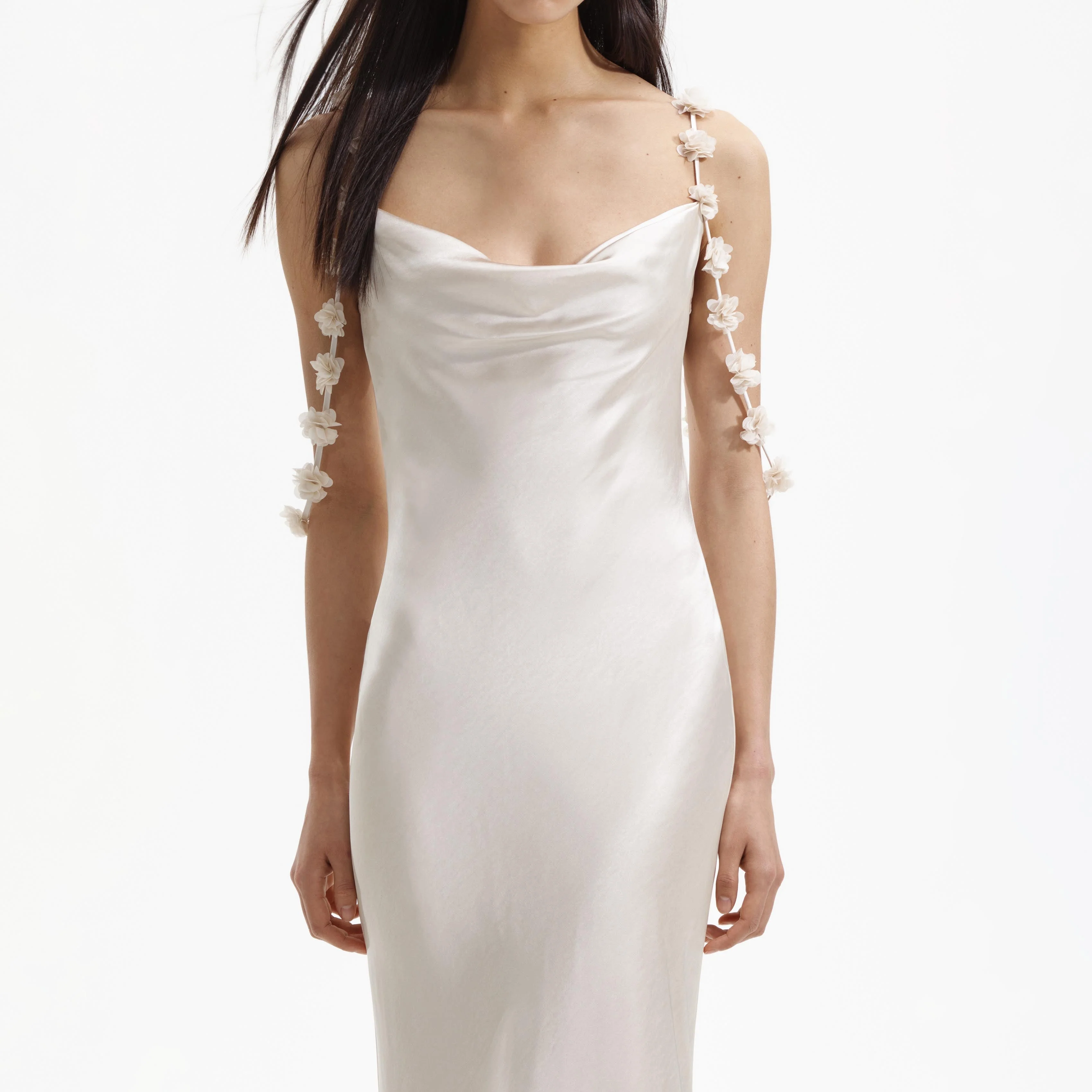 Champagne Satin Flower Maxi Dress - Image 4