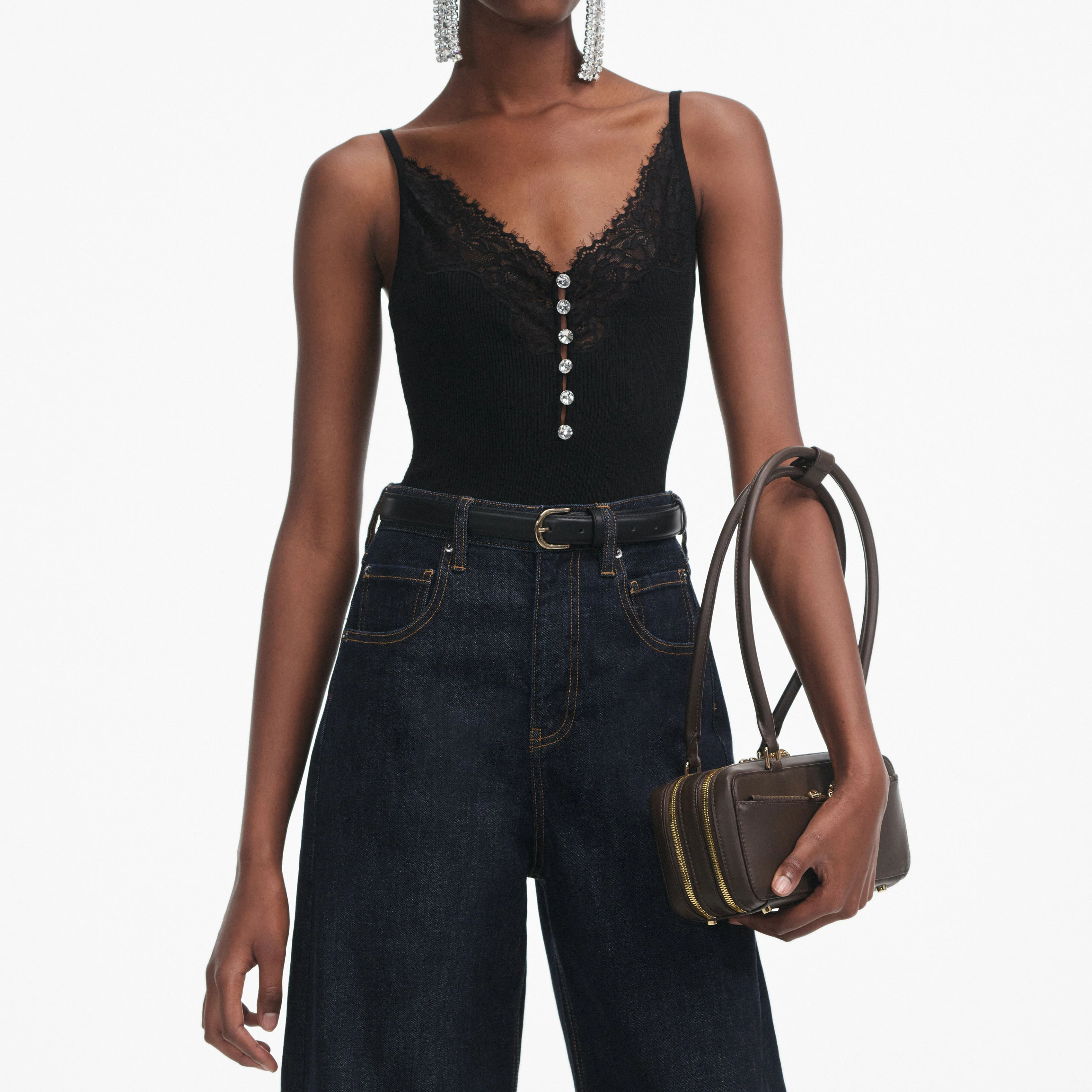 Black Lace Trim Rib Knit Top - Image 4