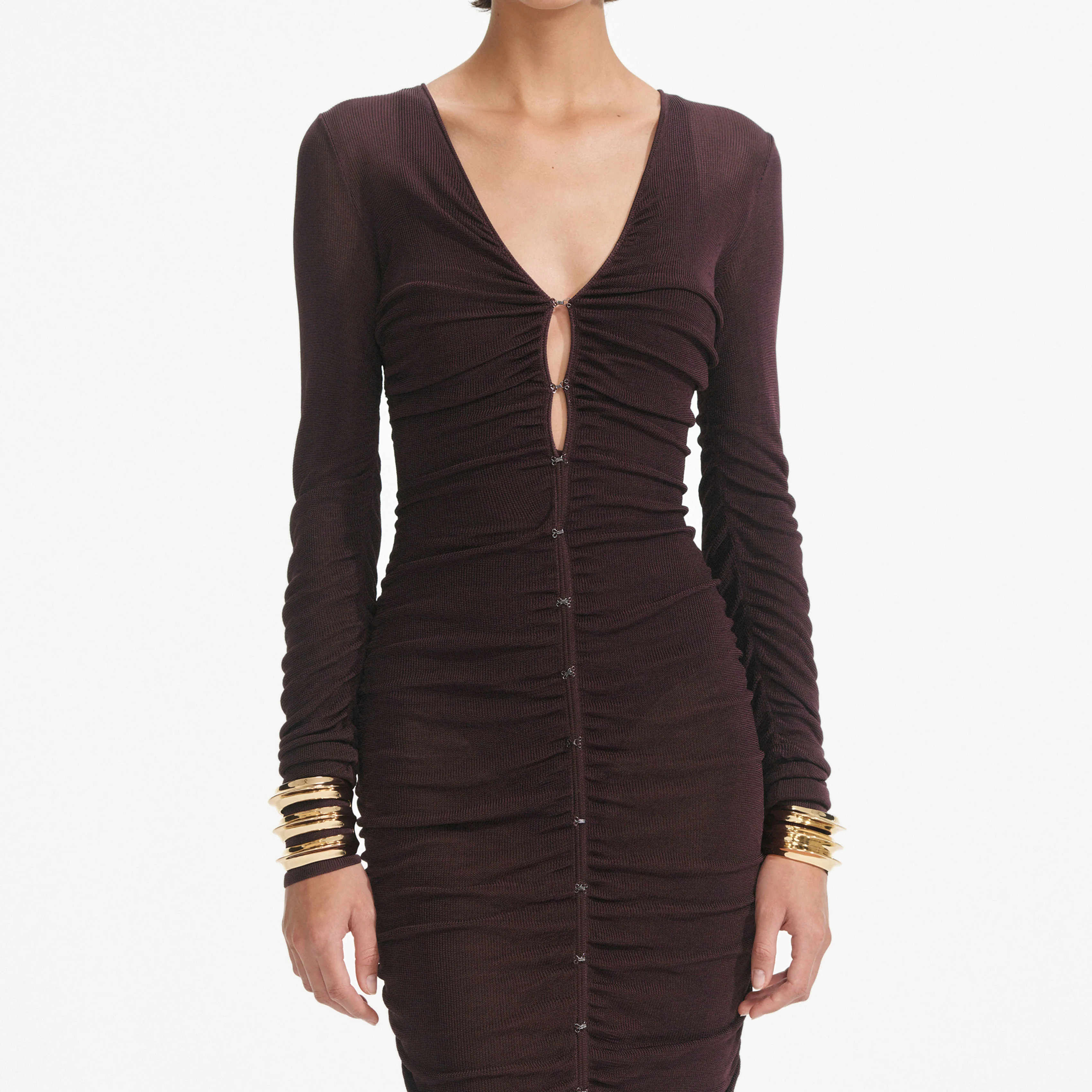 Brown Gathered Viscose Knit Midi Dress - Image 4