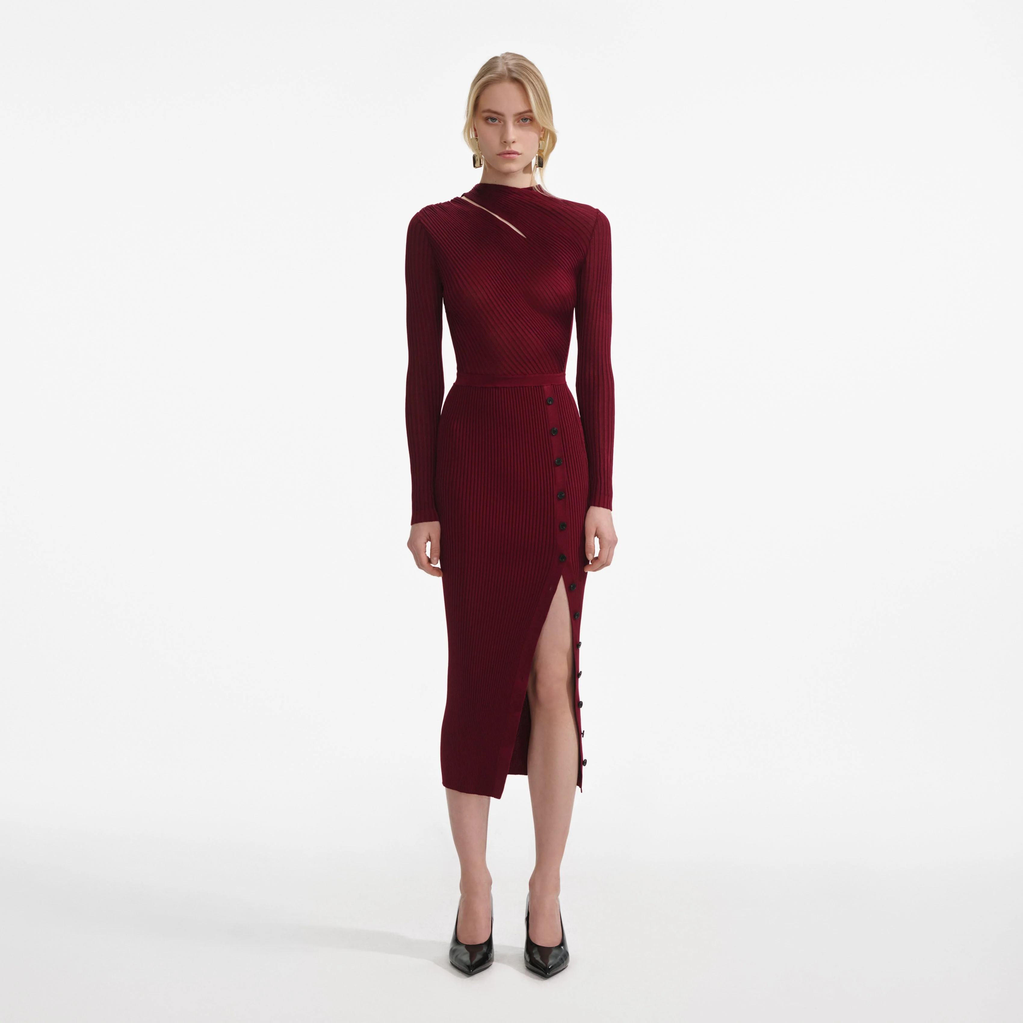 Burgundy Cut Out Rib Knit Midi Dress - Image 4