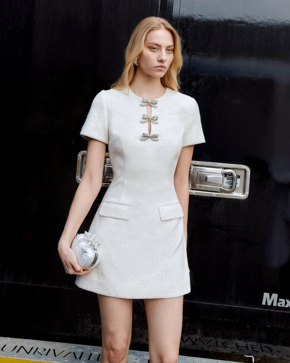 Cream Boucle Bow Mini Dress - Image 6