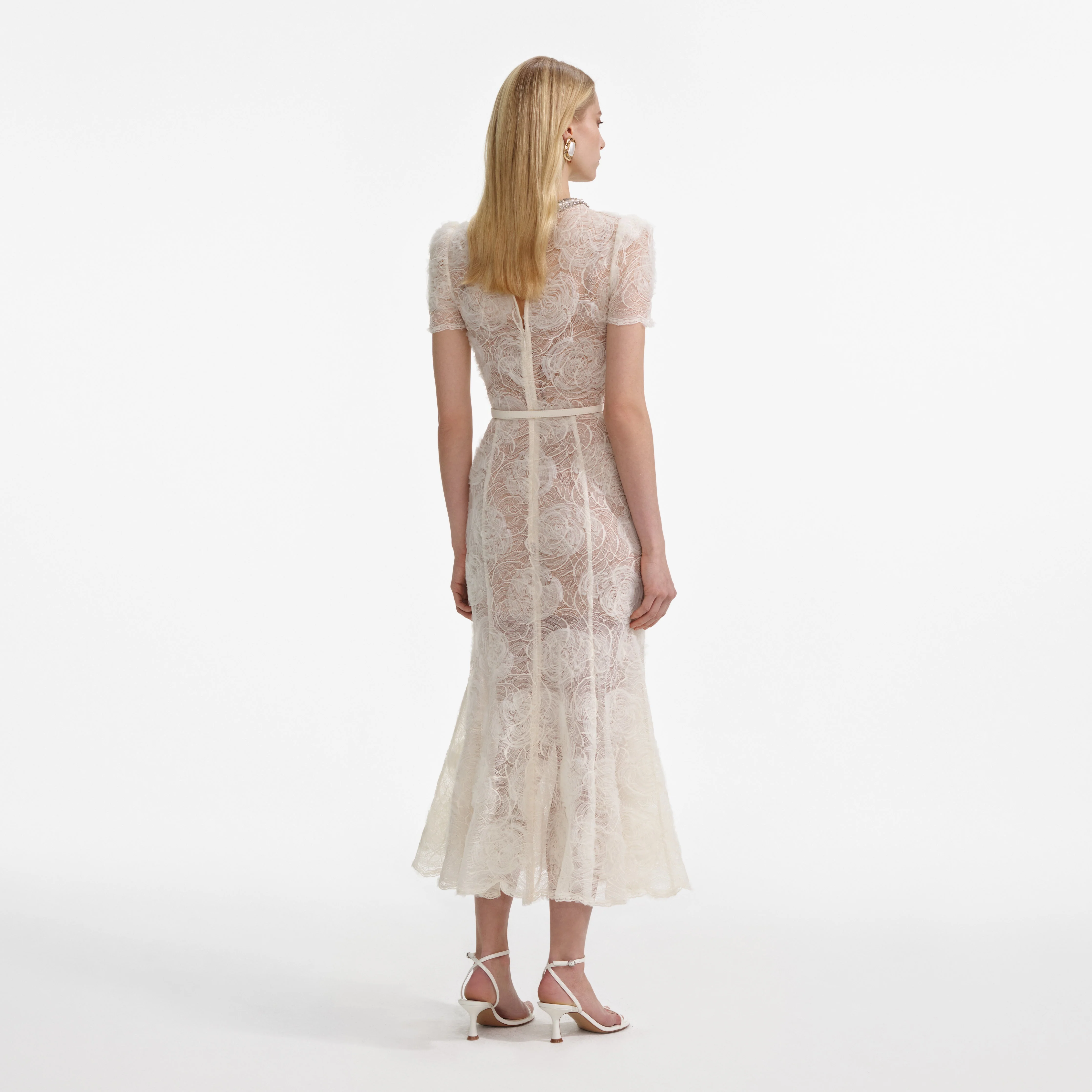 Cream Tulle Lace Midi Dress - Image 3