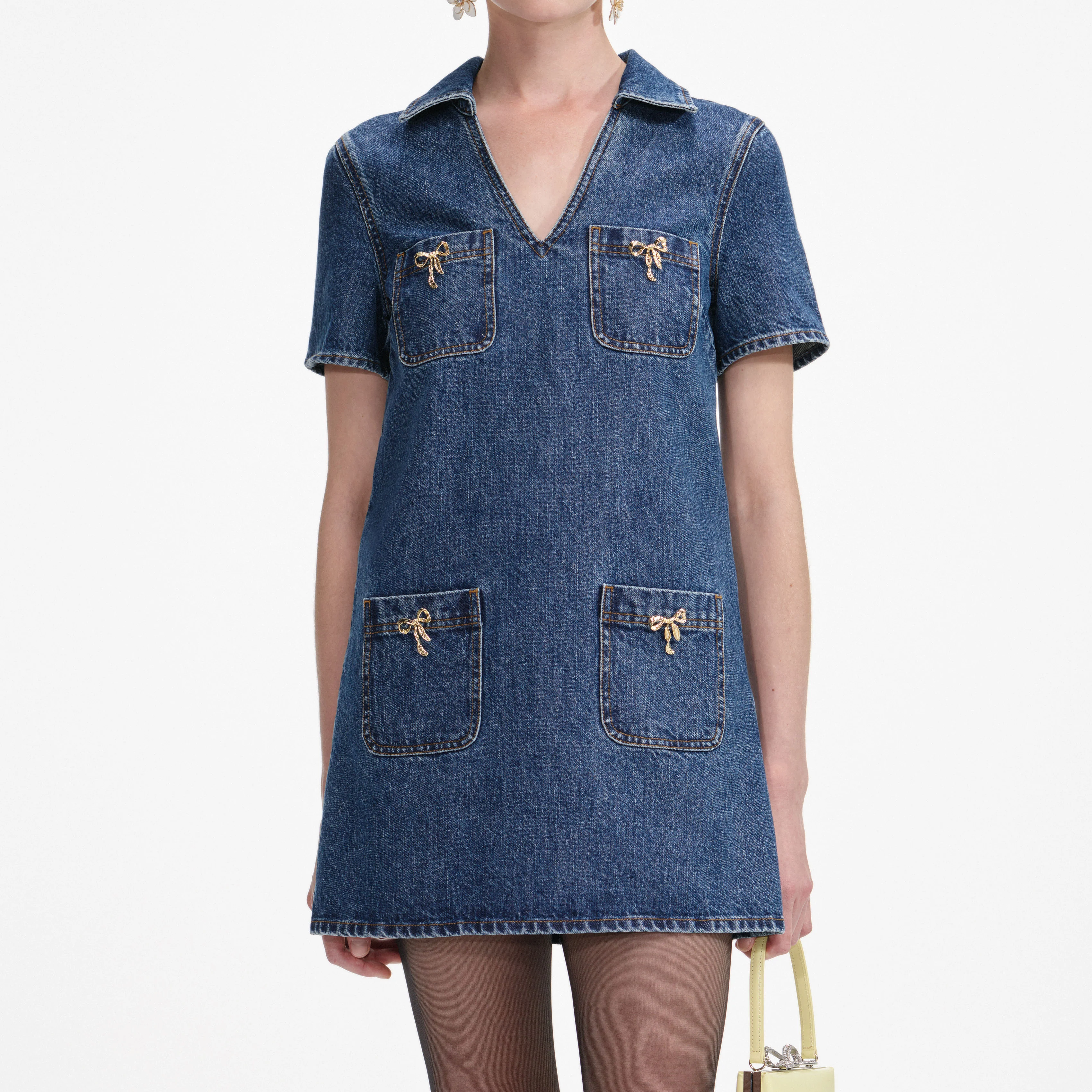 Denim Crystal Bow Mini Dress - Image 4