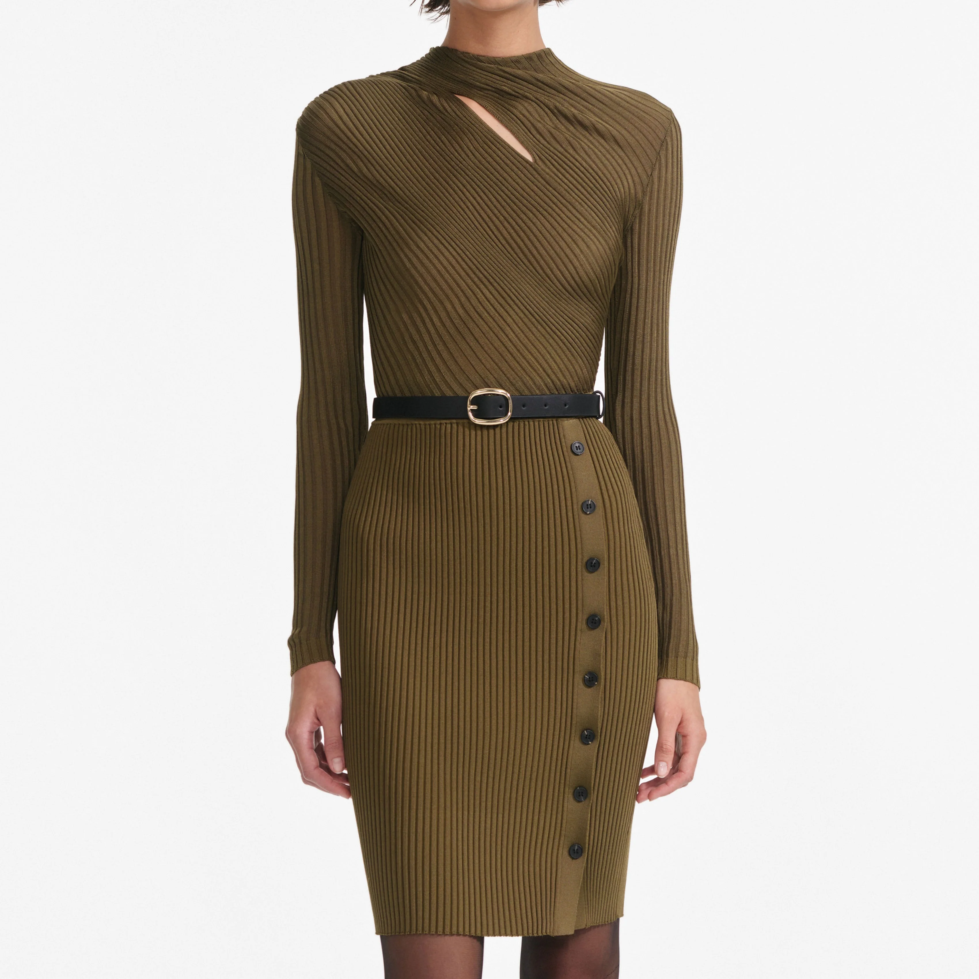 Khaki Cut Out Rib Knit Mini Dress - Image 4