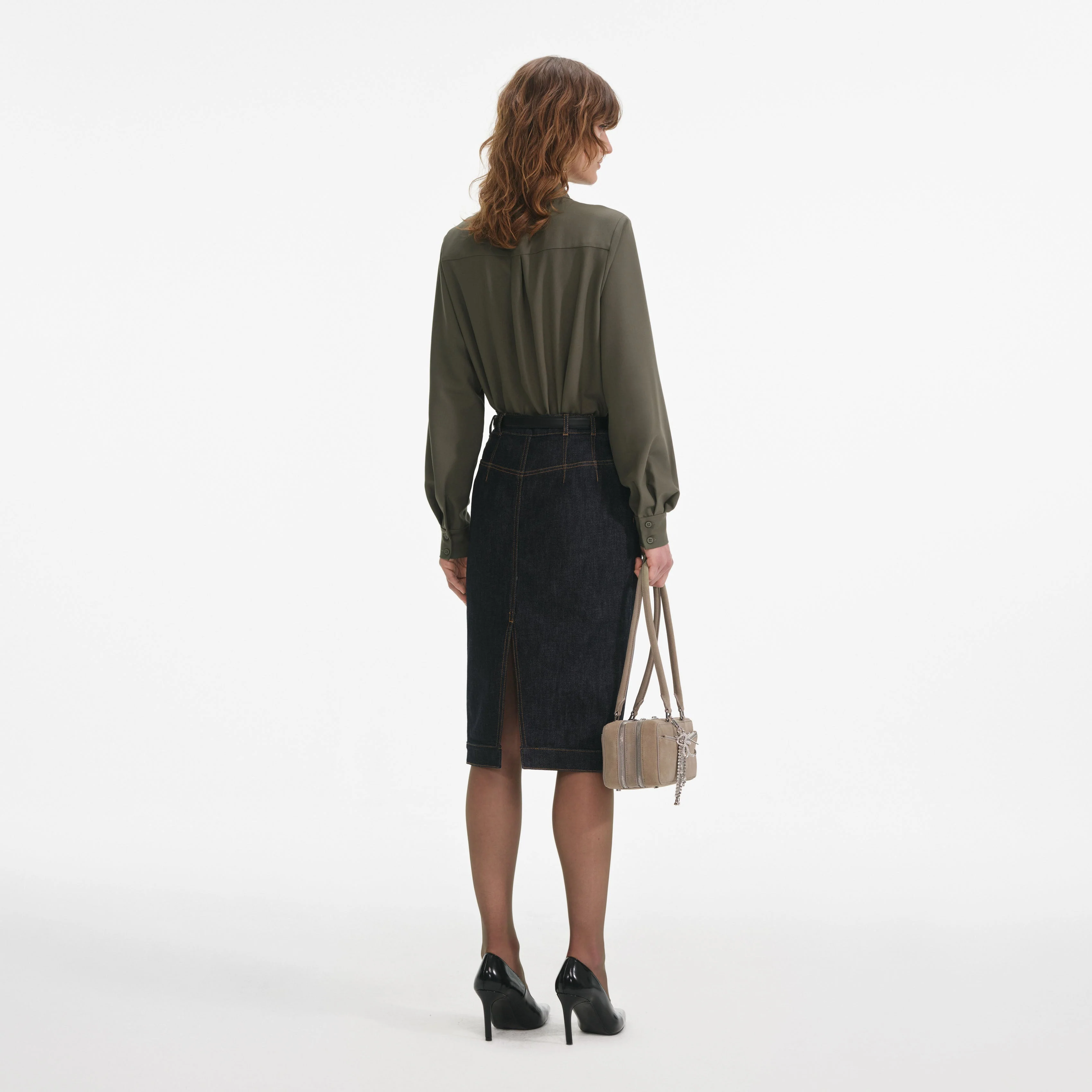 Khaki Twill Tie Neck Blouse - Image 3