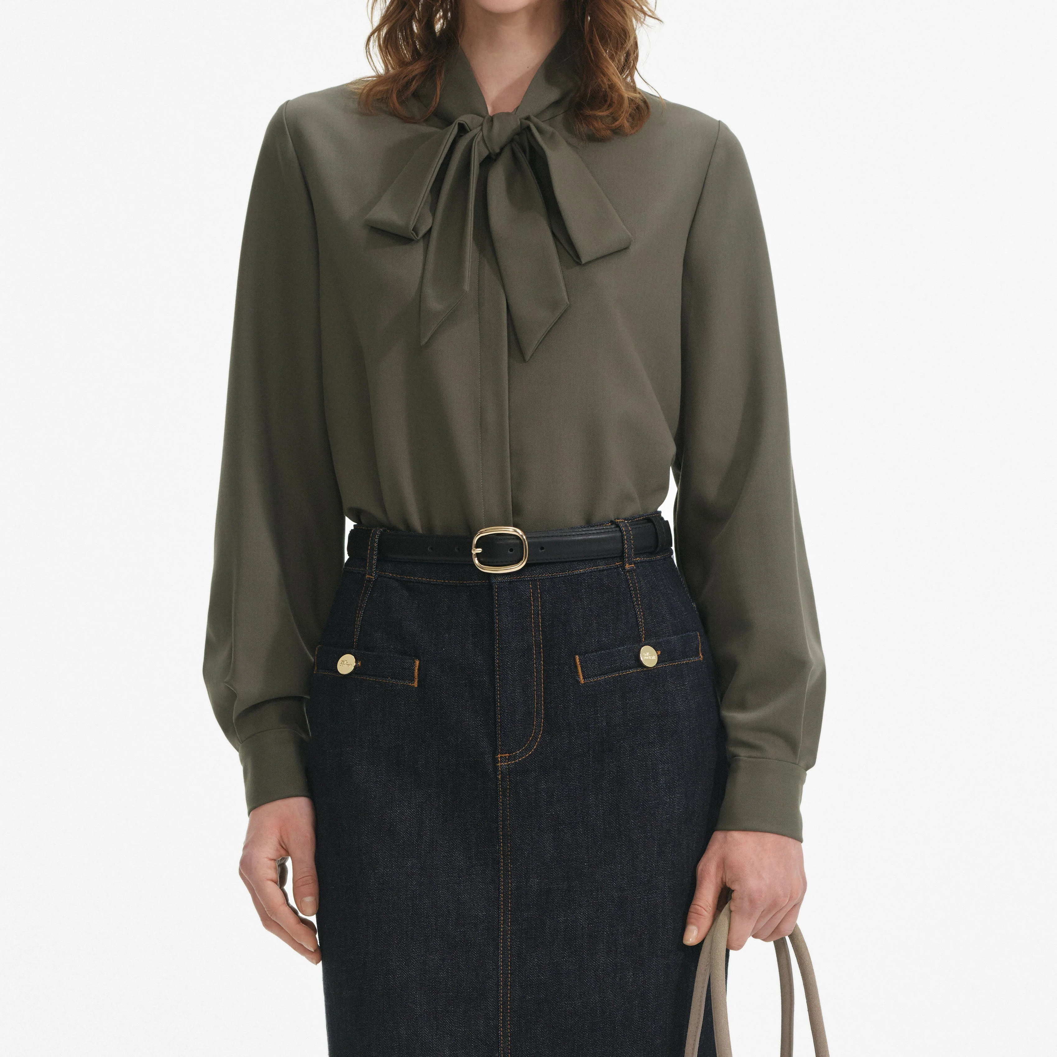 Khaki Twill Tie Neck Blouse - Image 4
