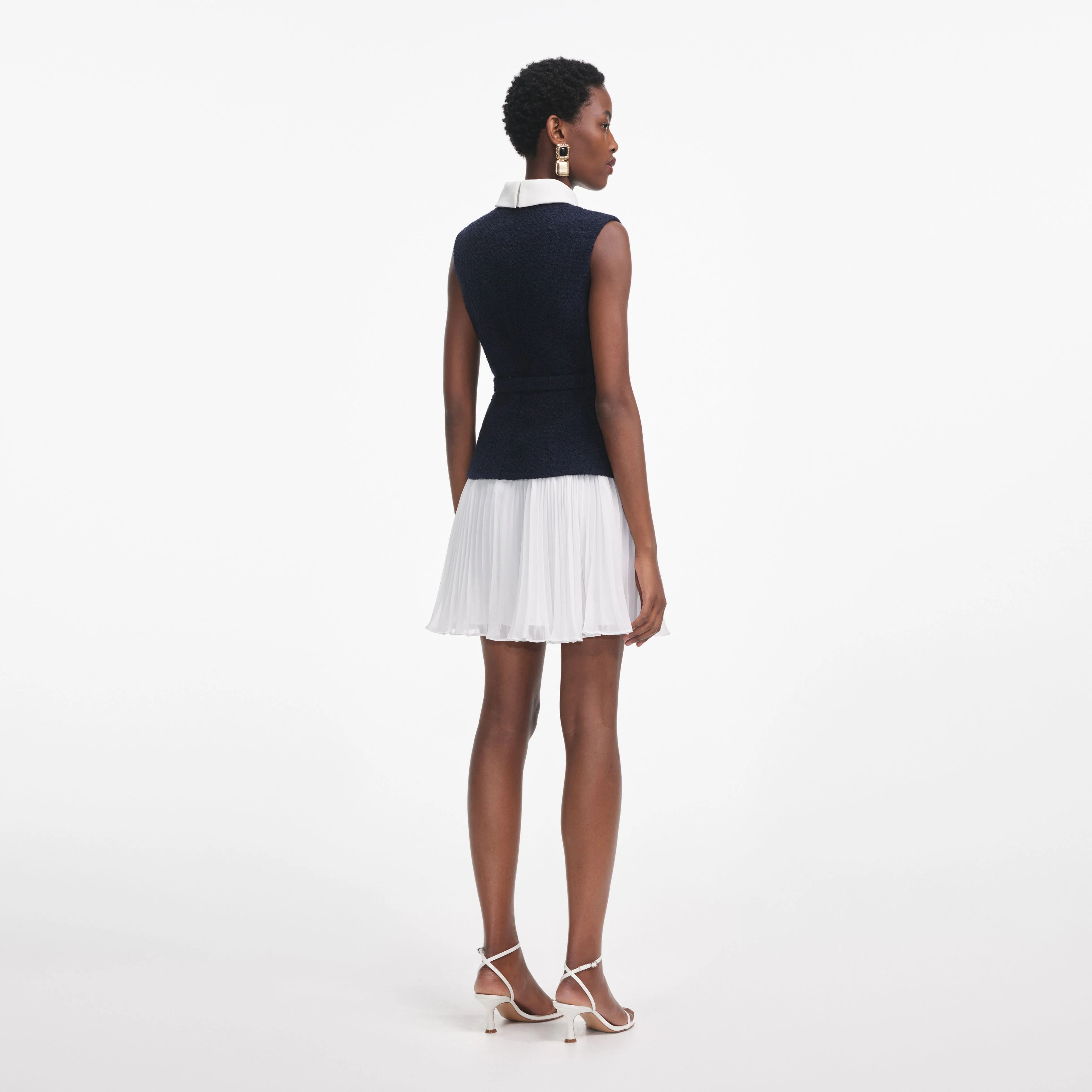 Navy Boucle And Chiffon Mini Dress - Image 3