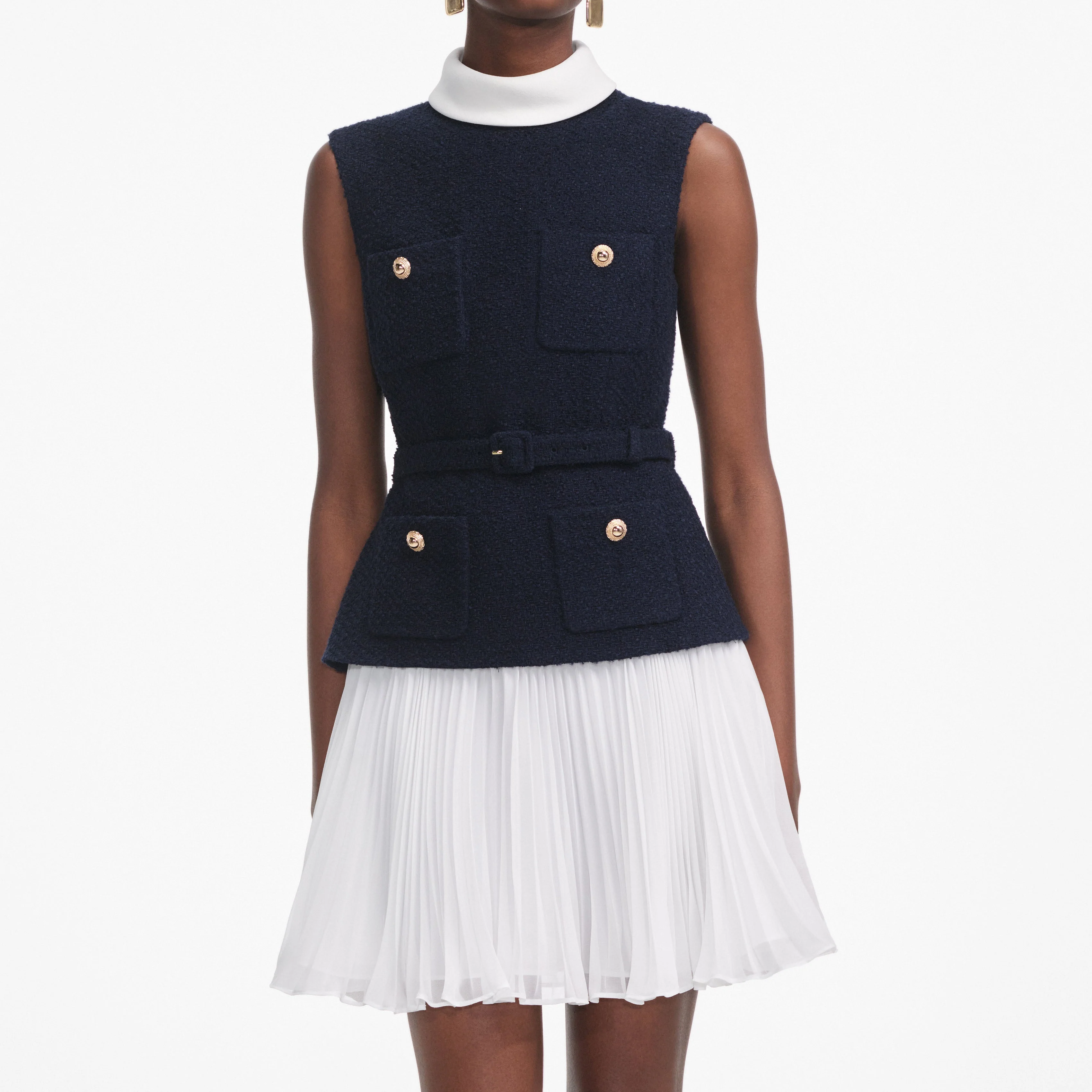 Navy Boucle And Chiffon Mini Dress - Image 4