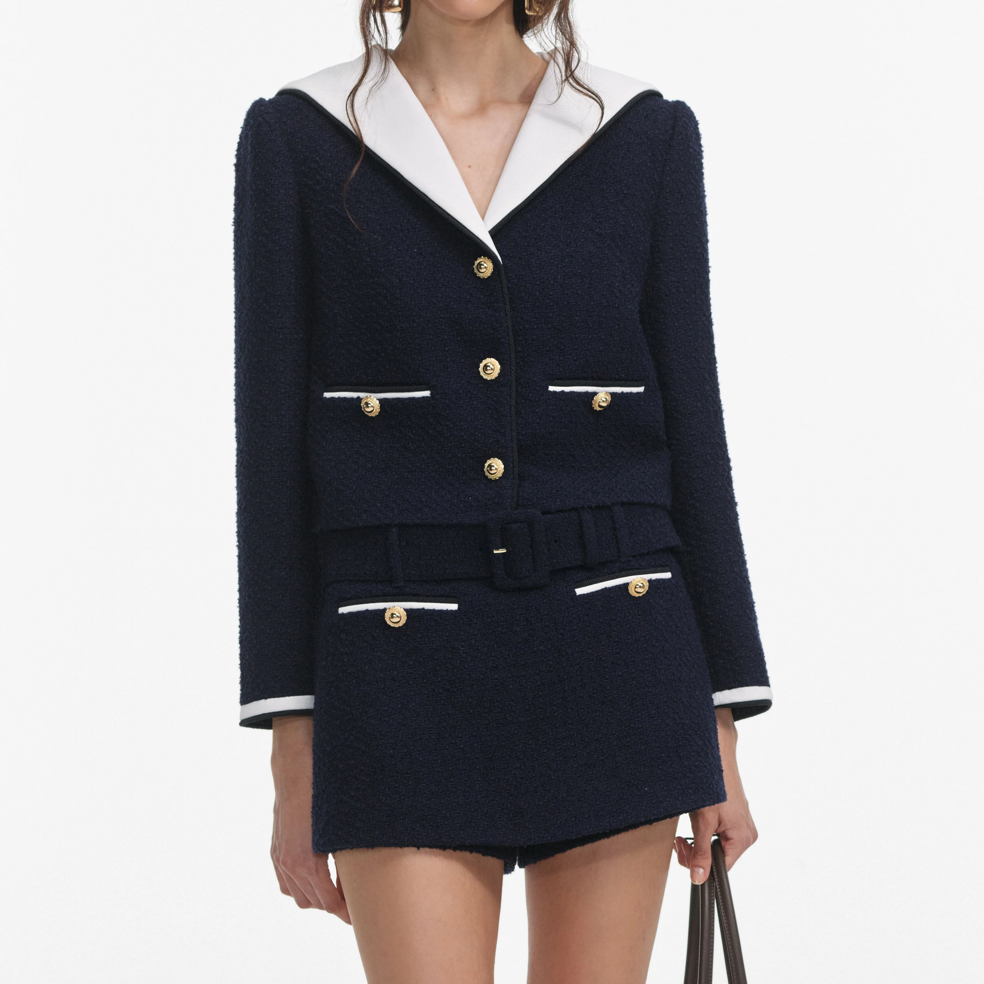 Navy Boucle Contrast Collar Jacket - Image 4