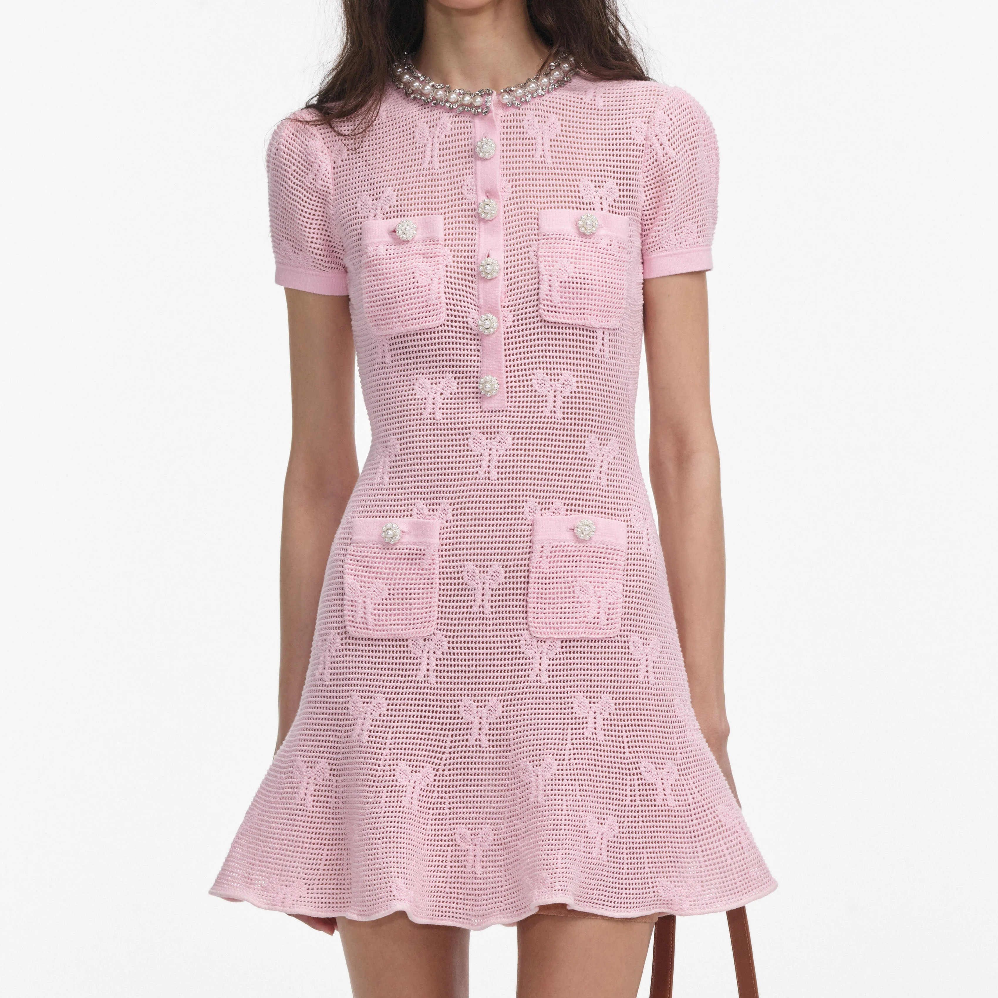 Pink Bow Crochet Crystal Trim Mini Dress - Image 4
