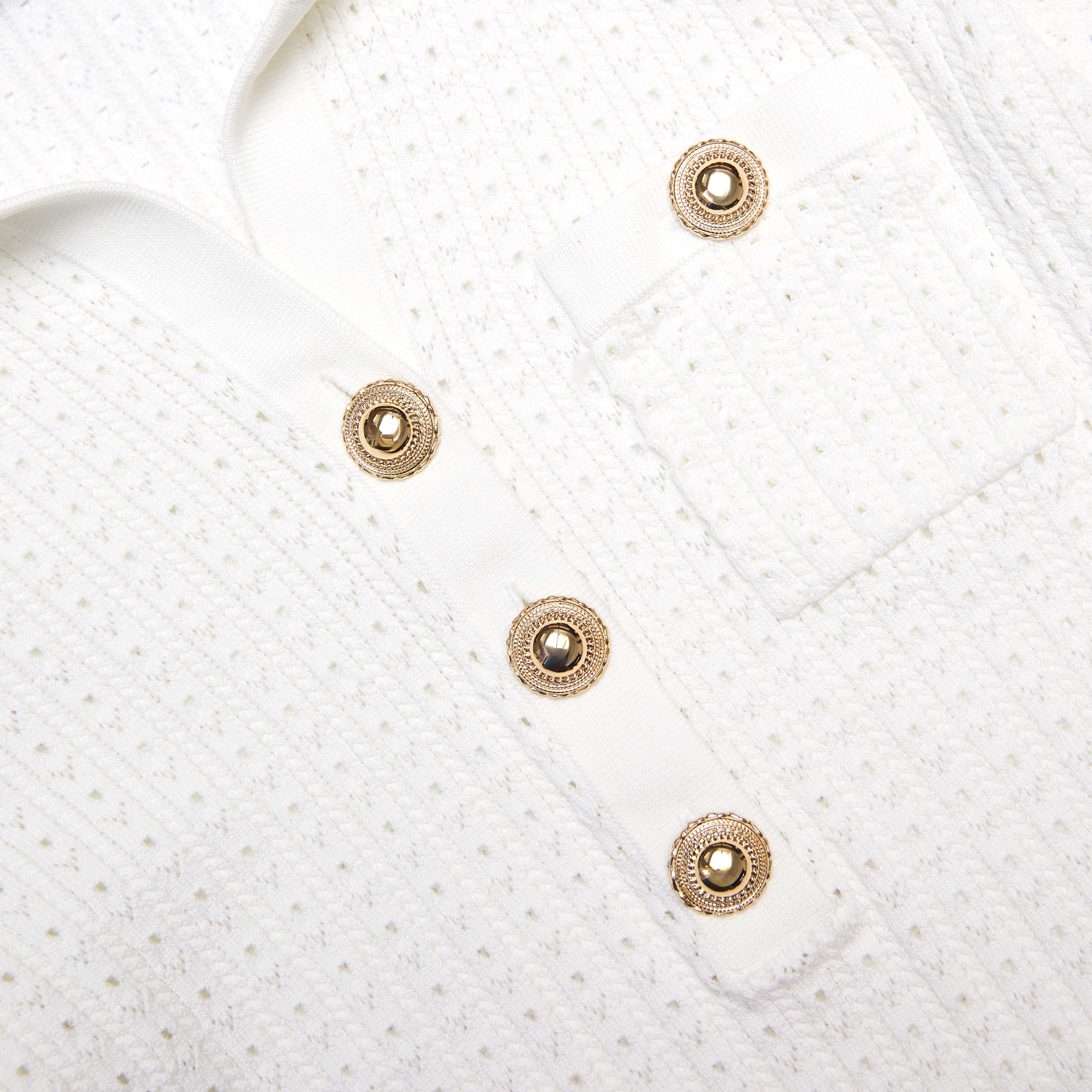 White Pointelle Collared Knit Top - Image 5