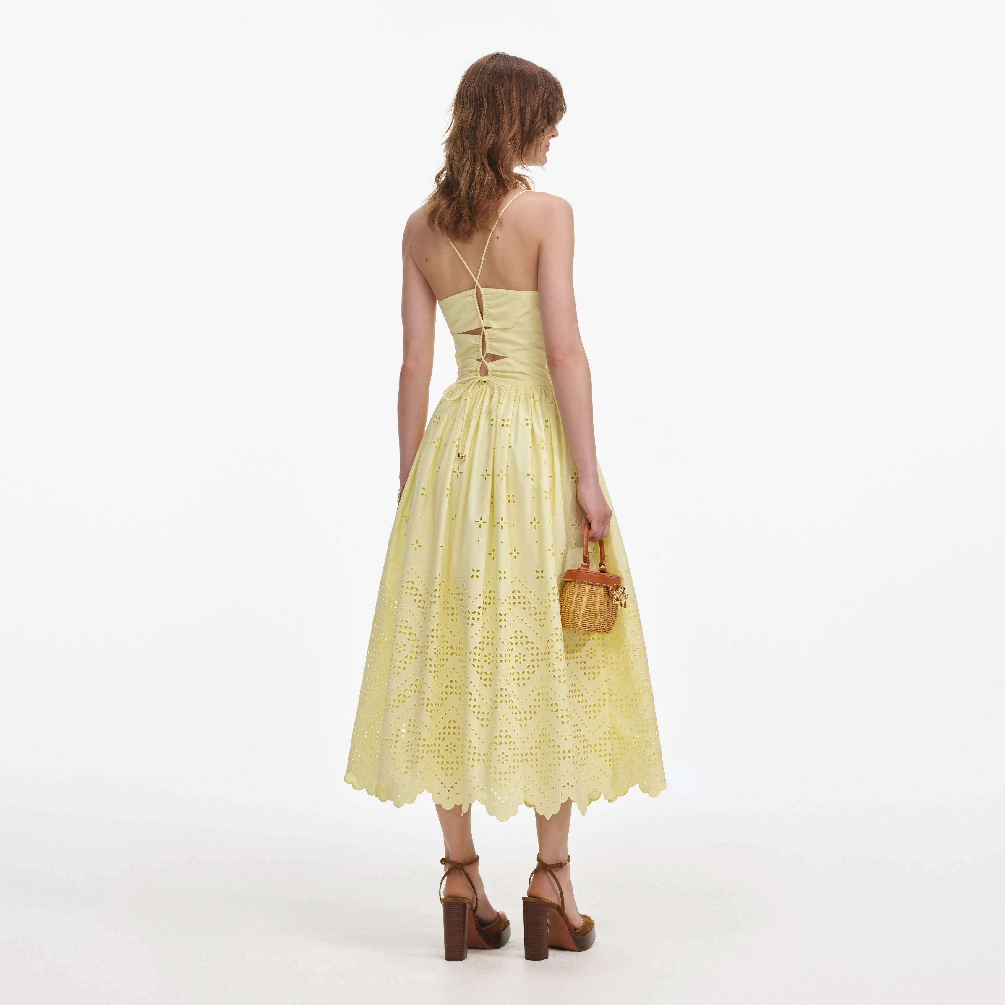 Yellow Cotton Broderie Midi Dress - Image 3