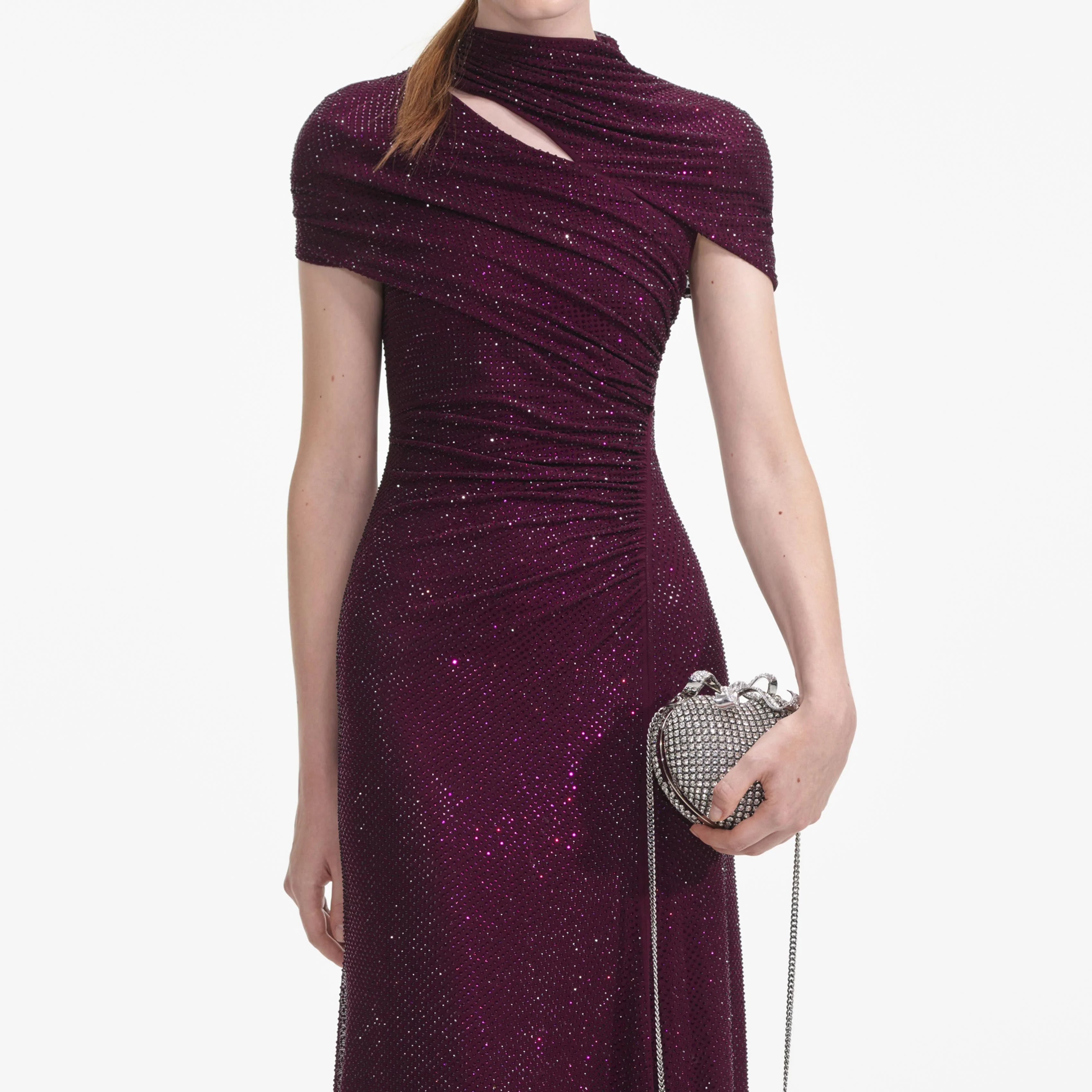 Burgundy Rhinestone Mesh Cut Out Midi Dress - Image 4