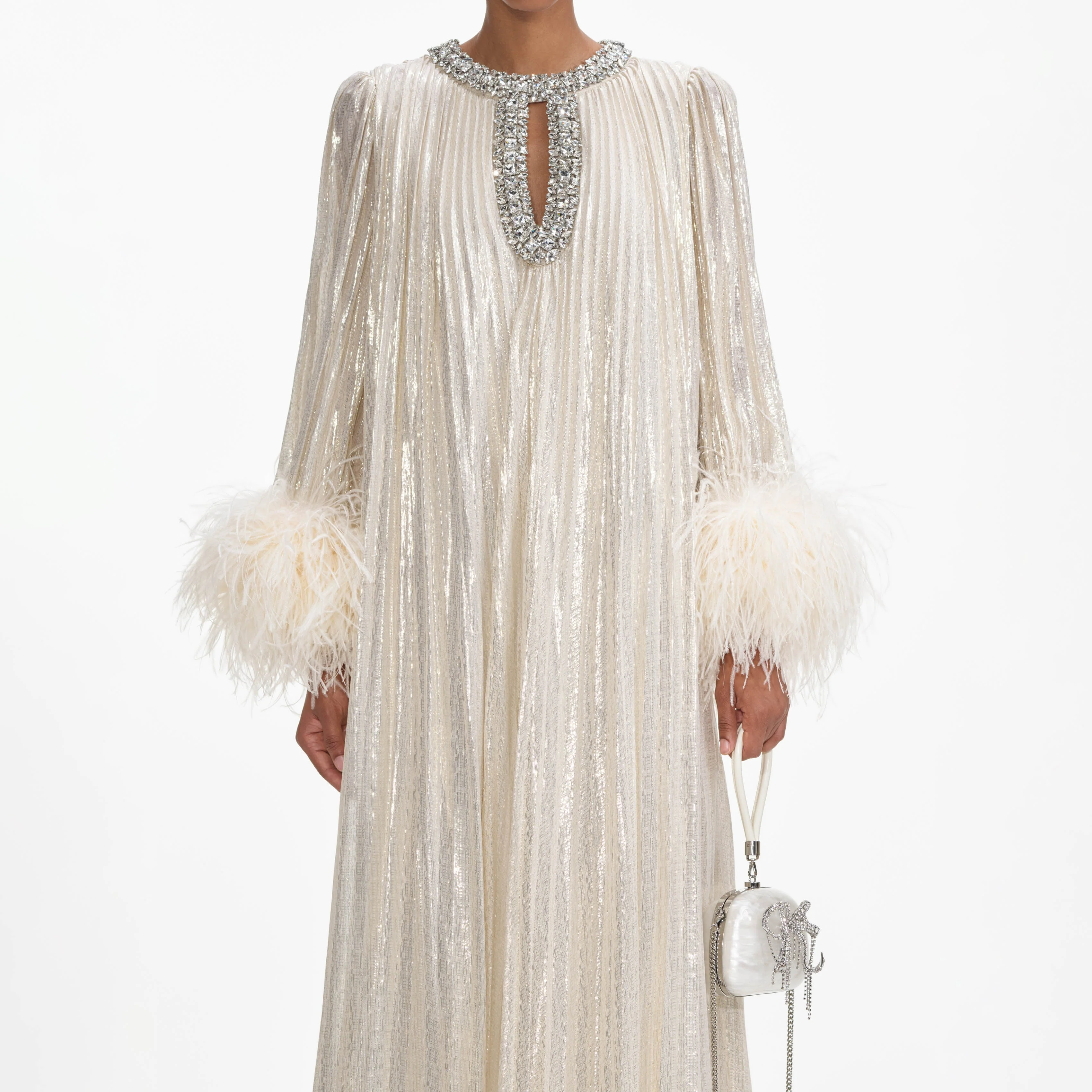 Gold Metallic Feather Maxi Dress - Image 4