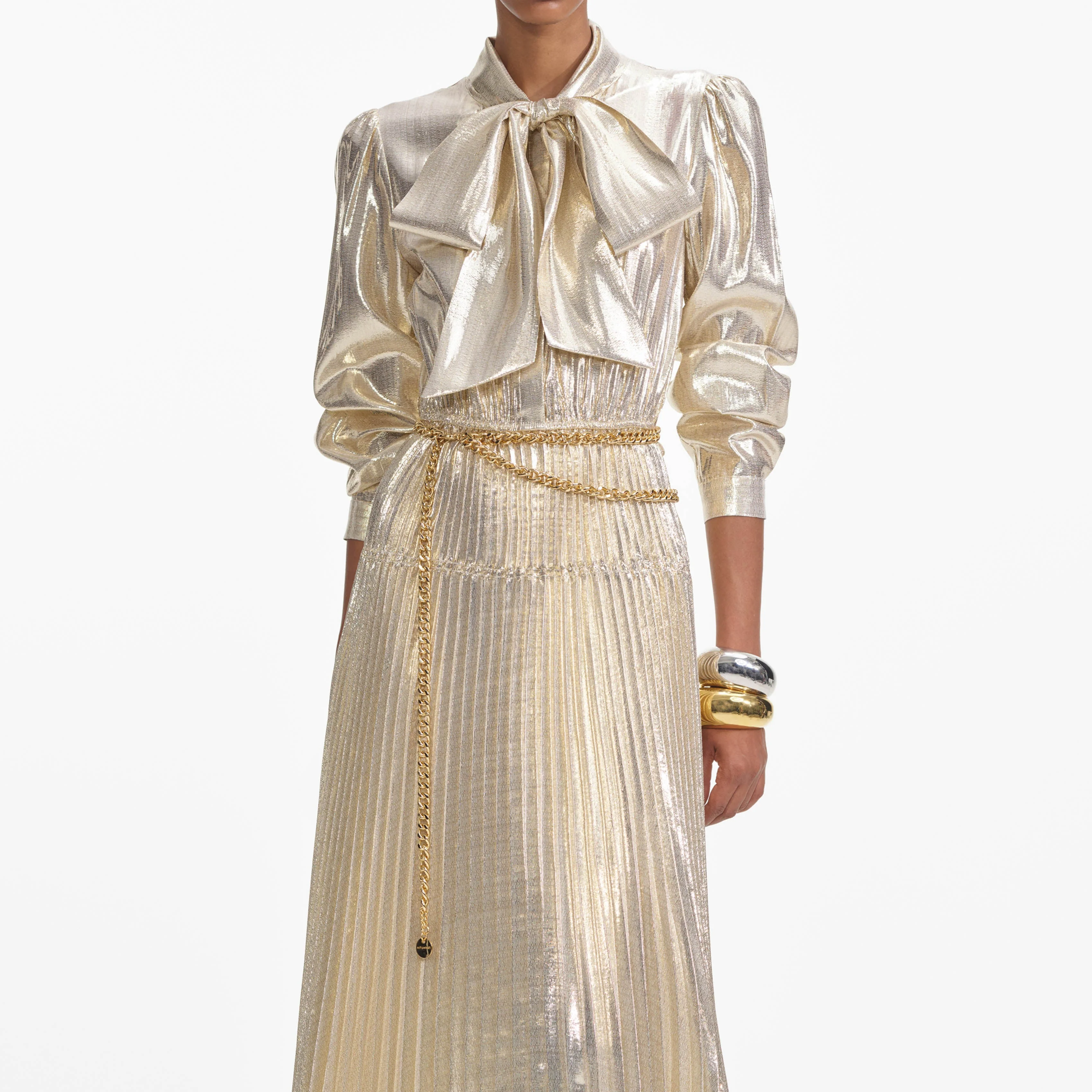 Gold Metallic Tie Neck Maxi Dress - Image 4