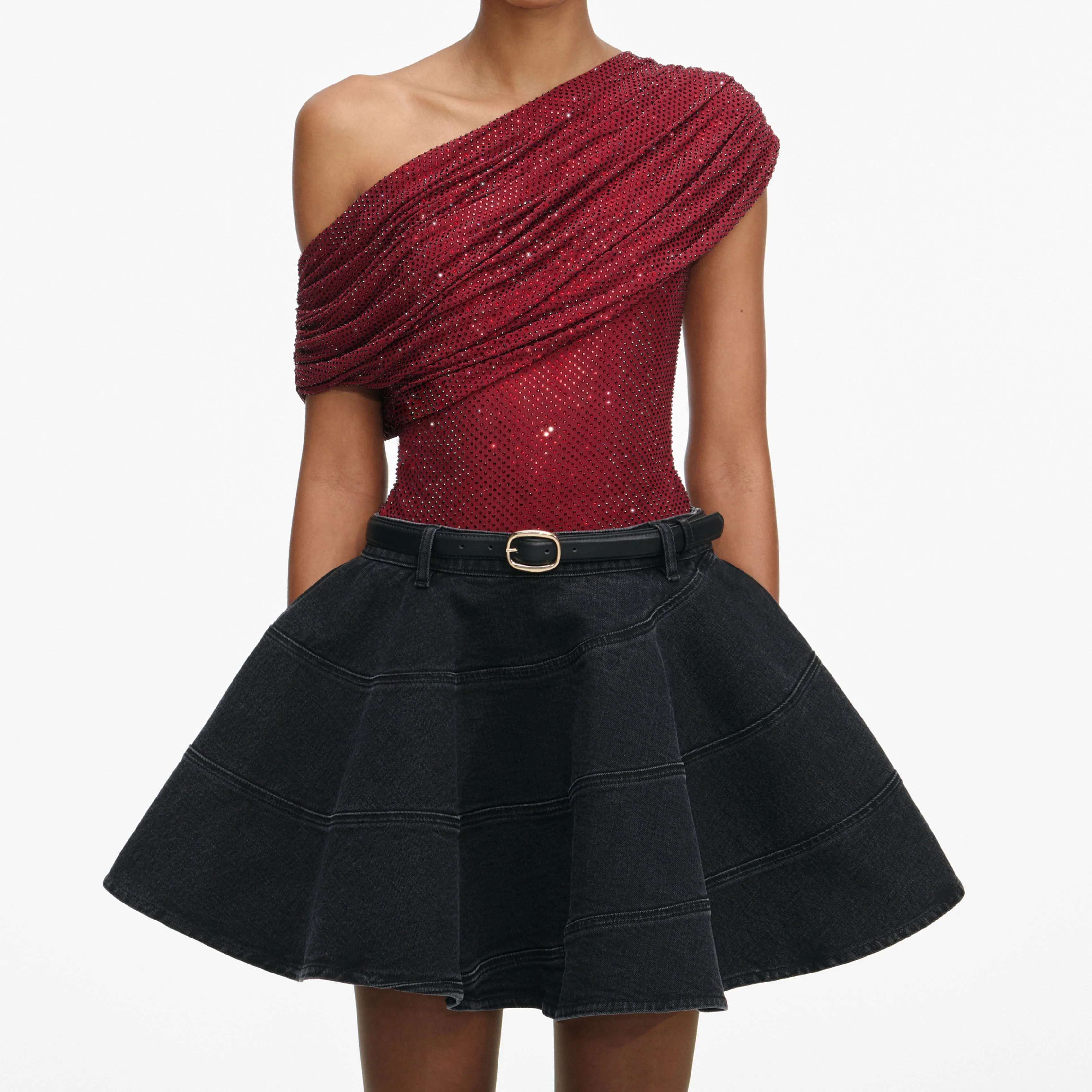 Black Flared Denim Mini Skirt - Image 4