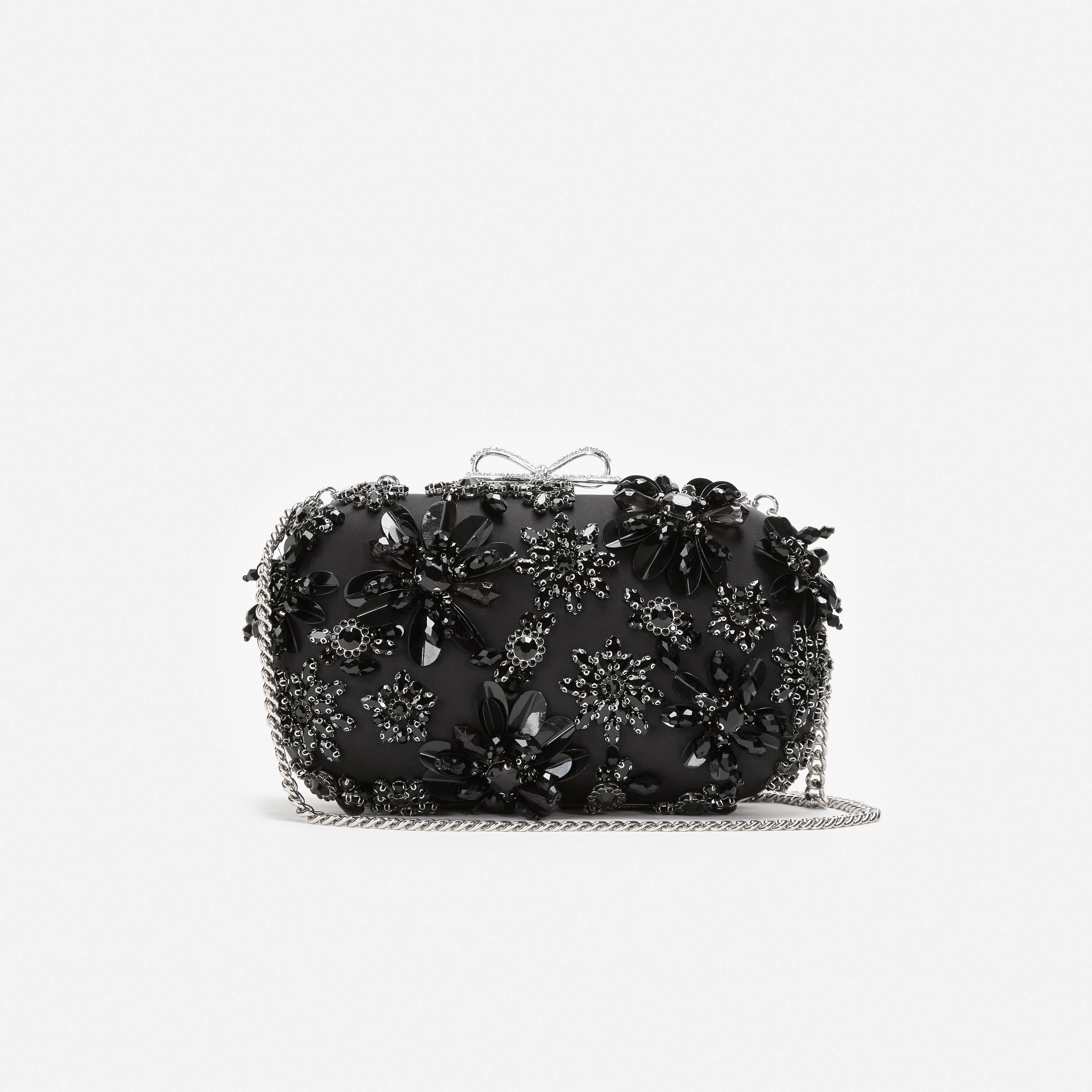 Black Satin Floral Crystal Clutch Bag - Image 4