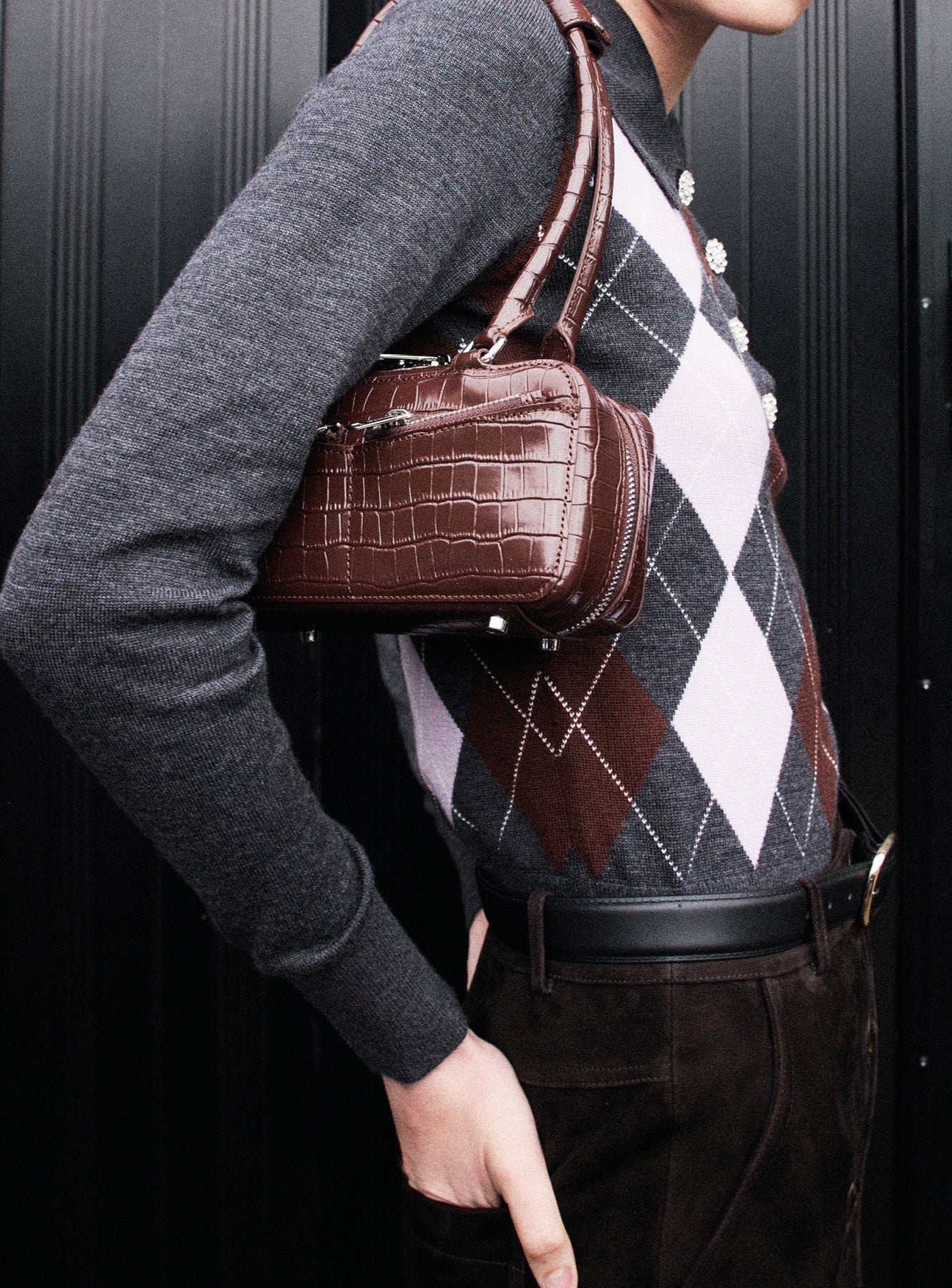 Brown Croc Leather Mini Shoulder Bag - Image 5