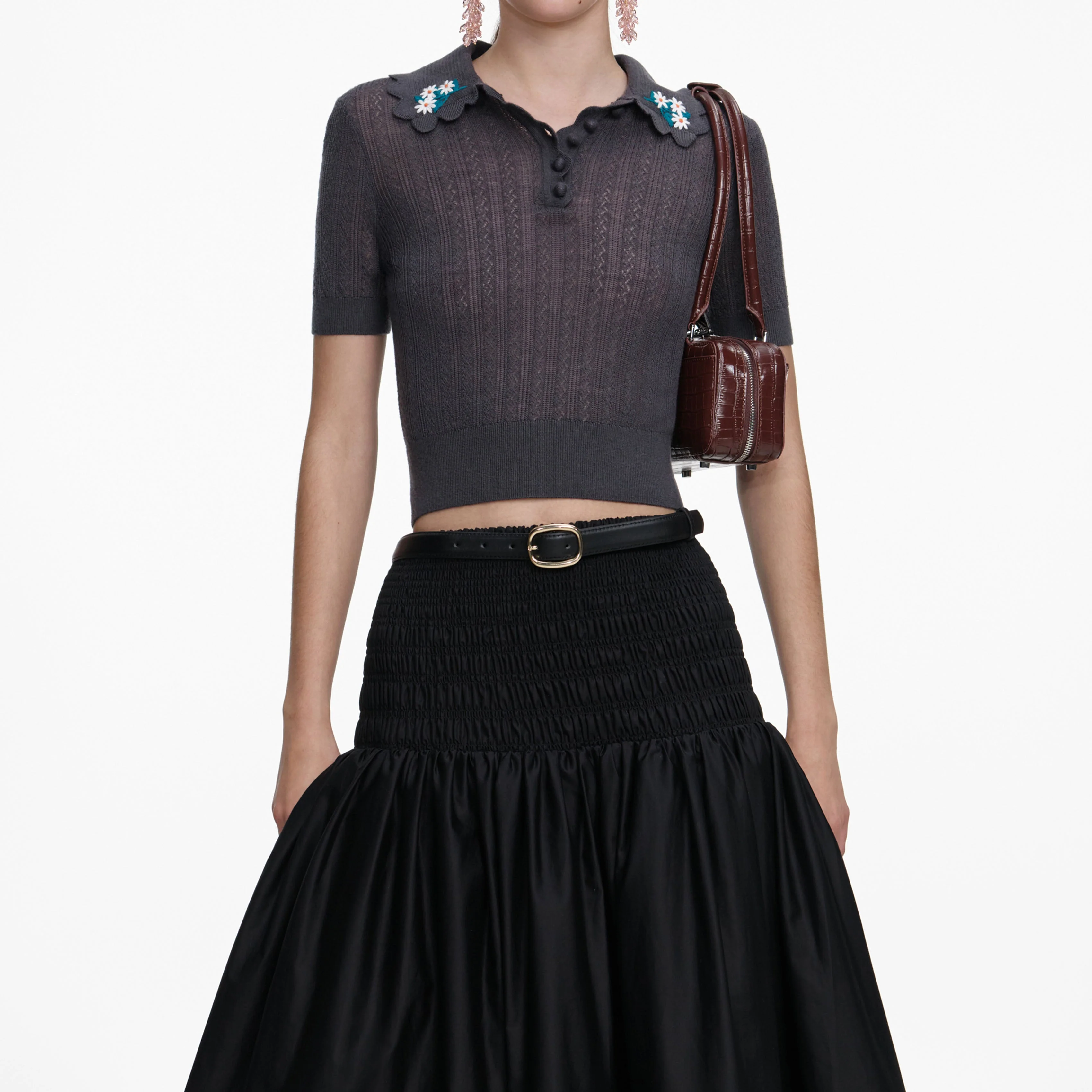 Grey Embroidered Pointelle Knit Top - Image 4