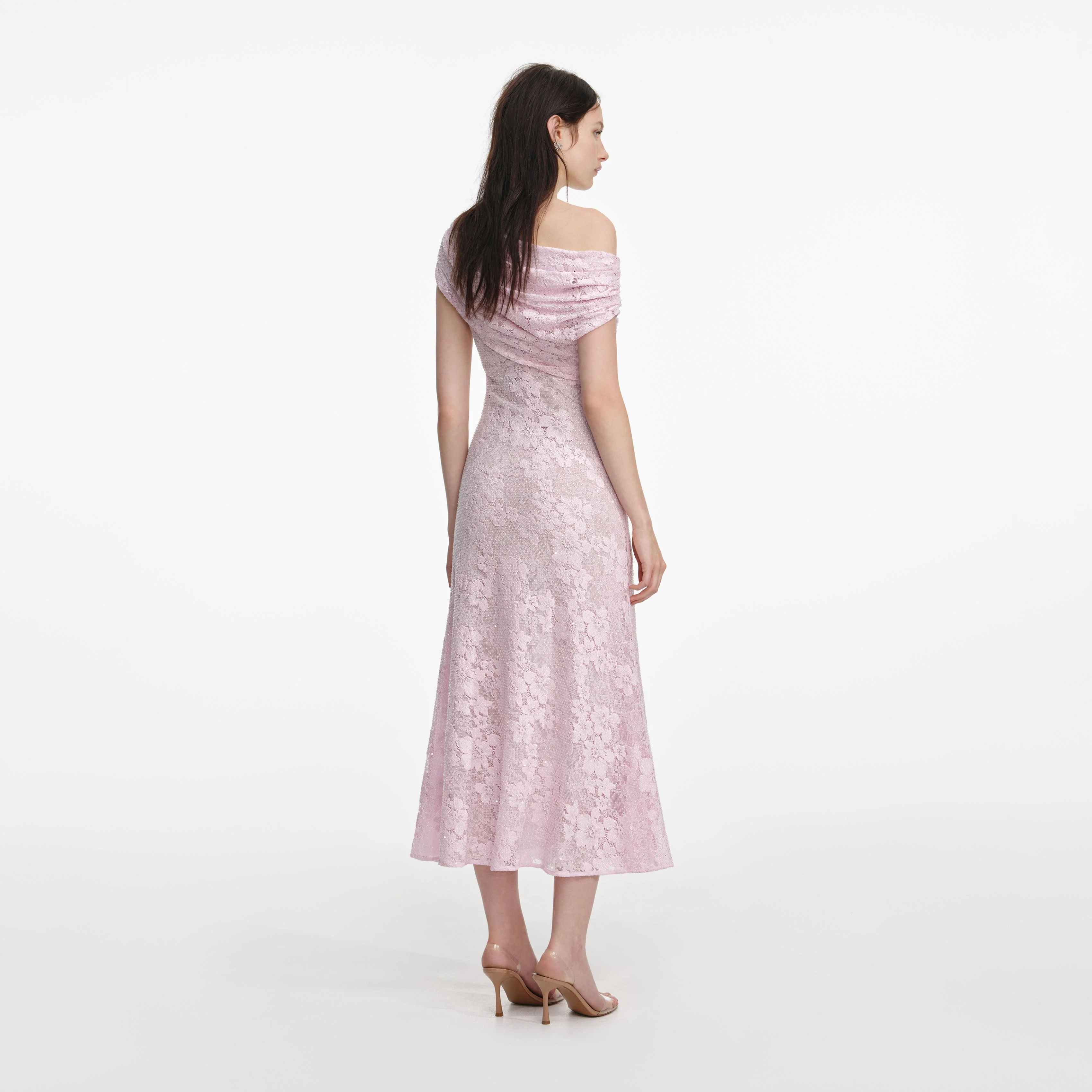 Pink Rhinestone Lace Asymmetric Midi Dress - Image 3