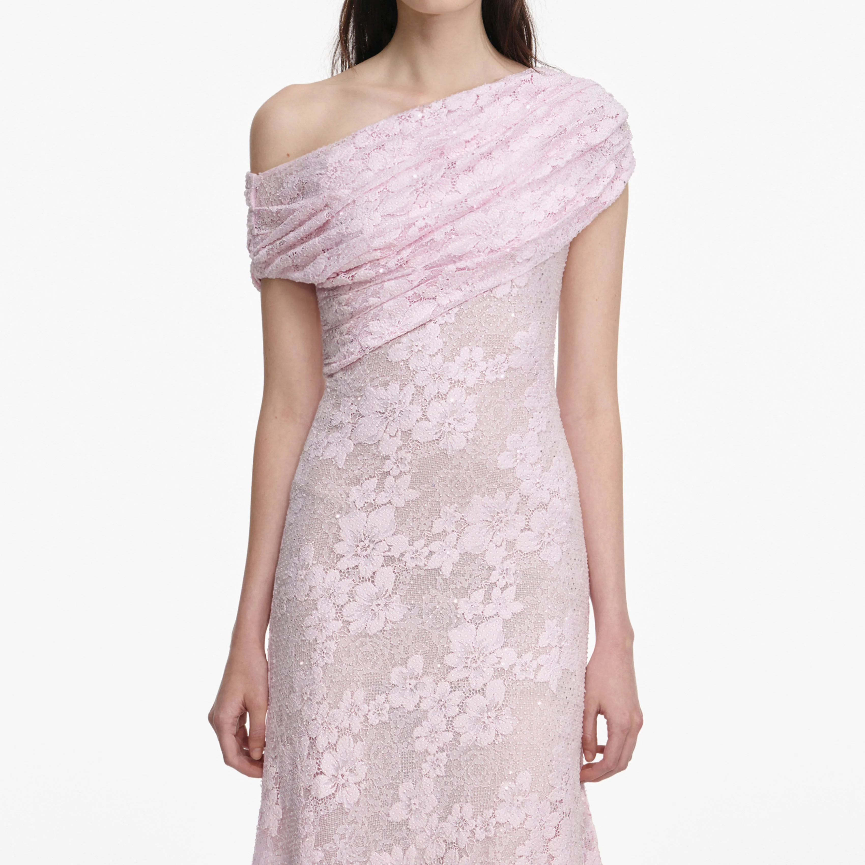 Pink Rhinestone Lace Asymmetric Midi Dress - Image 4